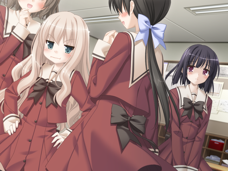 kani biimu, kawamura reo, sawaguchi mai, fuguriya, sono hanabira ni kuchizuke wo, game cg, 2girls, black hair, blonde hair, blue eyes, blush, long hair, multiple girls, ponytail, red eyes, short hair