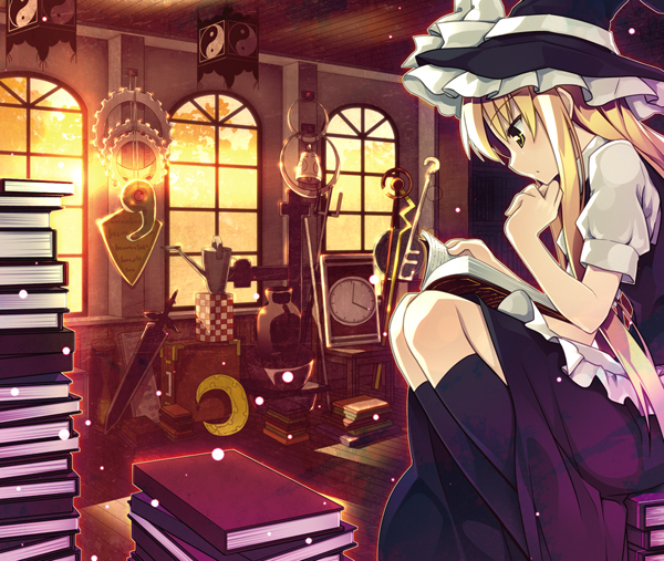 sazanami mio, kirisame marisa, touhou, 1girl, black socks, blonde hair, book, clock, crescent moon, female focus, from side, green eyes, hat, indoors, kneehighs, long hair, moon, open book, reading, sitting, sitting on books, sky, socks, solo, sword, weapon, window, witch, witch hat, yin yang