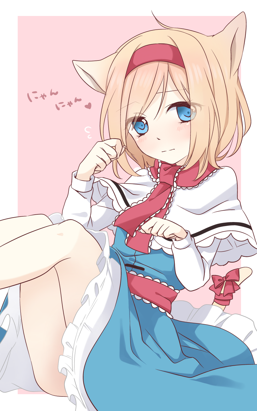 tsuno no hito, alice margatroid, touhou, commentary request, highres, translation request, 1girl, animal ears, blonde hair, blue dress, blush, bow, capelet, cat ears, cat girl, cat tail, closed mouth, dress, embarrassed, flying sweatdrops, hairband, kemonomimi mode, long sleeves, looking at viewer, paw pose, red bow, red hairband, tail, tail bow, tail ornament, white capelet
