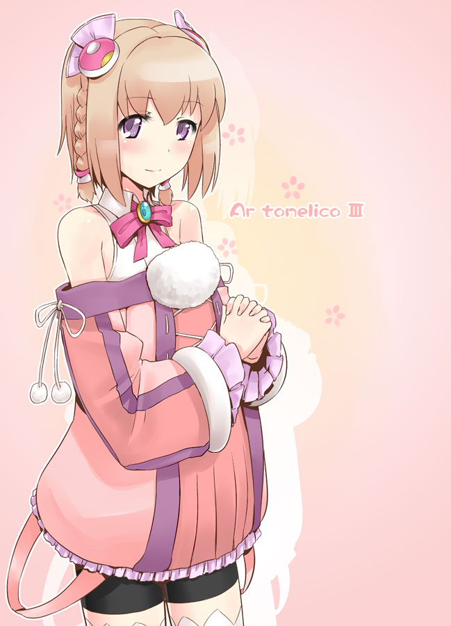 kamoto tatsuya, saki (ar tonelico), ar tonelico, ar tonelico iii, gust, 1girl, bike shorts, blonde hair, bow, braid, detached sleeves, dress, female focus, hair ornament, own hands clasped, own hands together, purple eyes, short hair, smile, solo, thighhighs