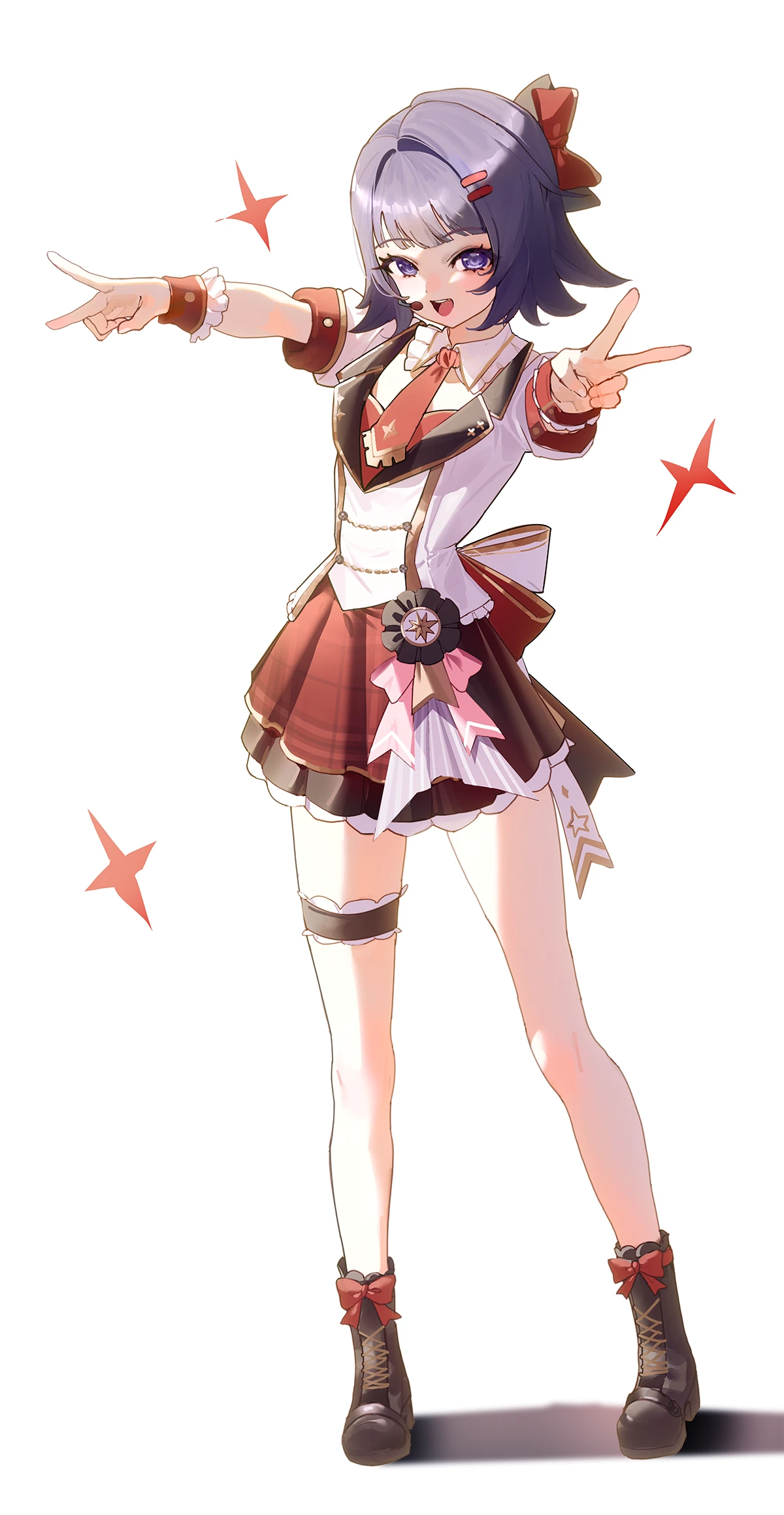 majo (pastamajo), genshin impact, chinese commentary, commentary request, highres, 1girl, alternate costume, ankle boots, black boots, black skirt, boots, bow, collared shirt, double v, frilled thigh strap, full body, hair bow, hair ornament, hairclip, legs, looking at viewer, manekina (genshin impact), necktie, open mouth, parallel hairclips, purple eyes, purple hair, red bow, red necktie, red ribbon, ribbon, shirt, short sleeves, simple background, skirt, solo, standing, teeth, thigh strap, thighs, upper teeth only, v, white background, white shirt