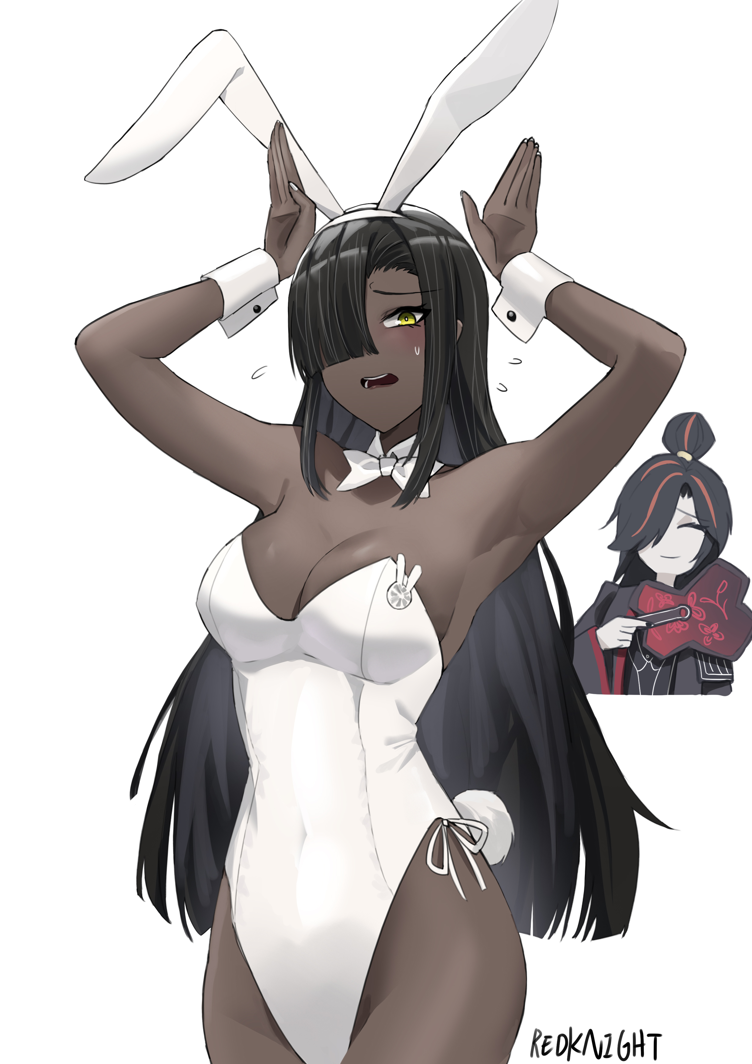 afu (amzs8345), zigong (project moon), zilu (project moon), limbus company, project moon, absurdres, commentary request, highres, 2girls, animal ear hairband, animal ears, black hair, bow, bowtie, breasts, cleavage, cowboy shot, dark-skinned female, dark skin, detached collar, fake animal ears, hair over one eye, hairband, leotard, medium breasts, multiple girls, playboy bunny, rabbit ears, rabbit pose, rabbit tail, side-tie leotard, simple background, solo focus, strapless, strapless leotard, tail, white background, white bow, white bowtie, white leotard, wrist cuffs, yellow eyes