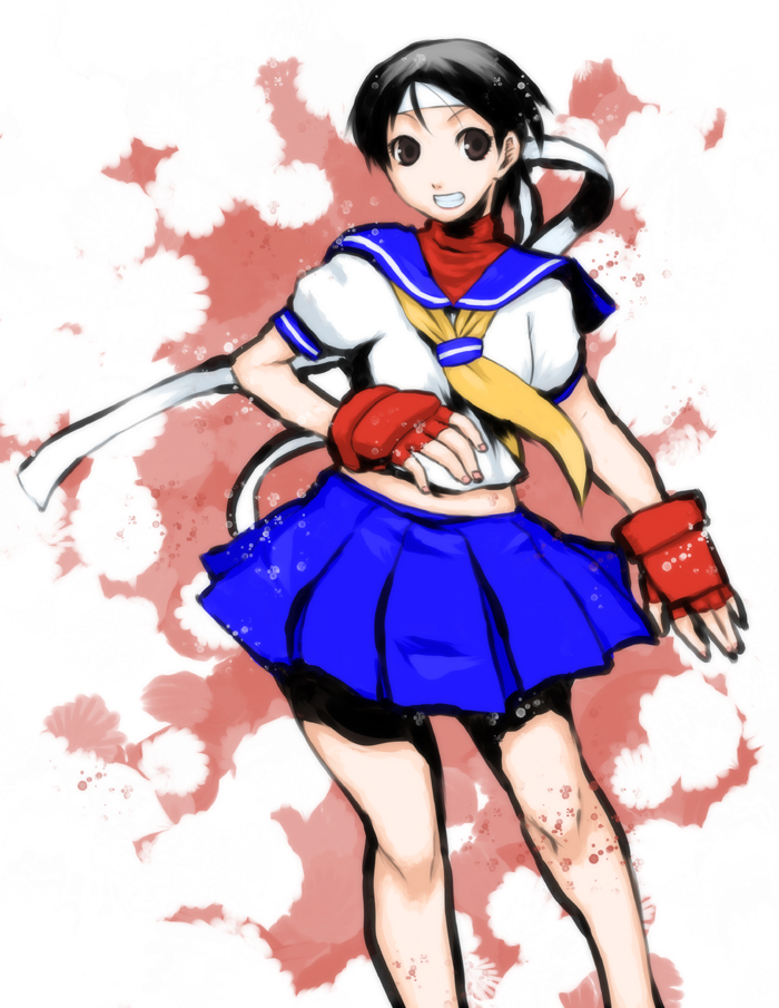 tsukudani (coke-buta), kasugano sakura, capcom, street fighter, bad id, bad pixiv id, 1girl, black hair, blue sailor collar, brown eyes, female focus, fingerless gloves, gloves, headband, sailor collar, school uniform, serafuku, short hair, skirt, solo