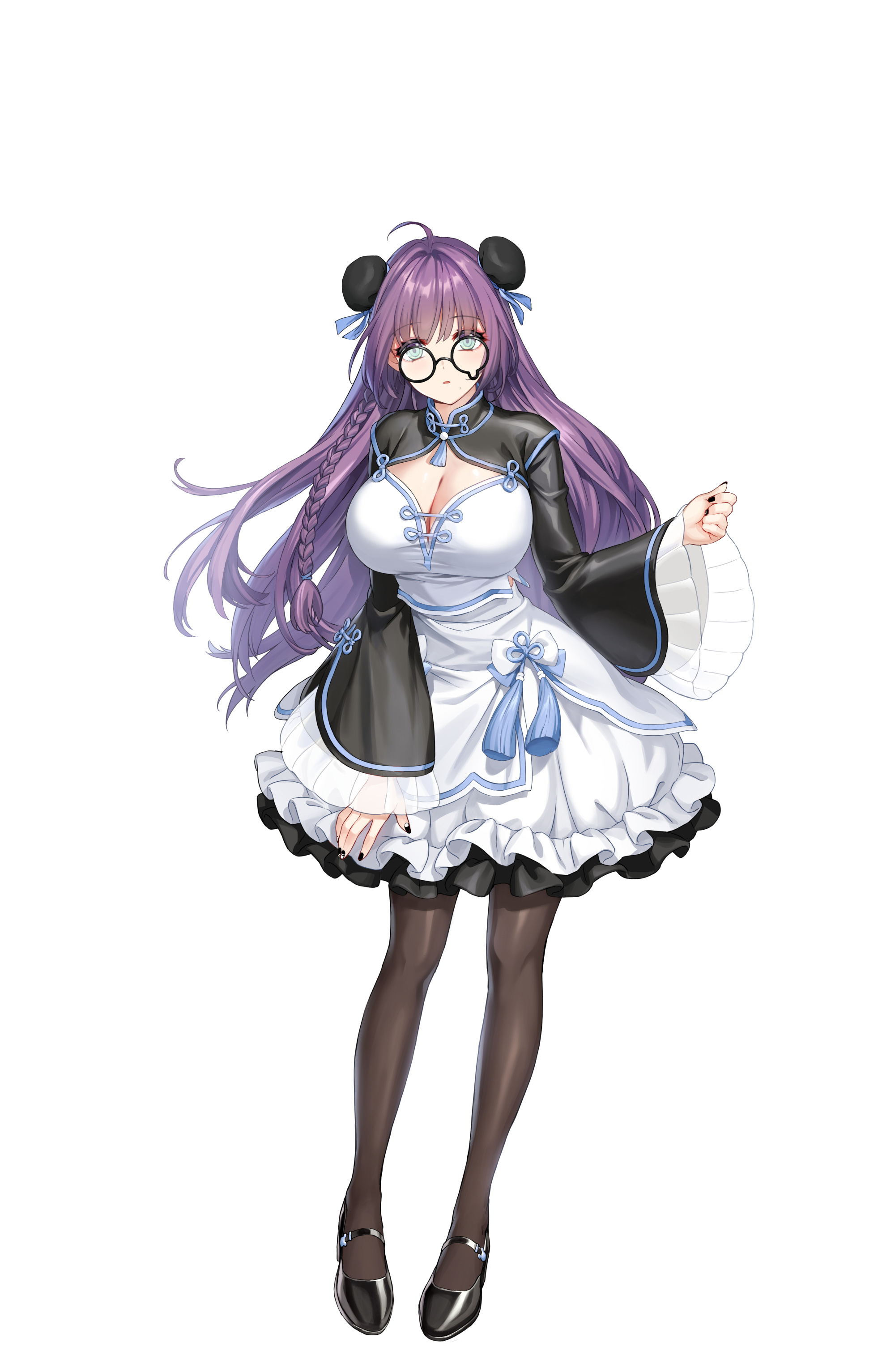 aeri (closers), closers, absurdres, highres, official art, 1girl, :o, aqua eyes, black-framed eyewear, black nails, black pantyhose, black shoes, black shrug, blue bow, bow, braid, breasts, bun cover, cleavage, clenched hand, collared shrug, crop top, double bun, full body, glasses, hair bow, hair bun, hand up, high-waist skirt, large breasts, layered skirt, long hair, looking at viewer, mandarin collar, mary janes, miniskirt, pantyhose, purple hair, round eyewear, shirt, shoes, shrug (clothing), side braid, skirt, skirt bow, solo, standing, tachi-e, teardrop-framed glasses, white background, white shirt, wide sleeves