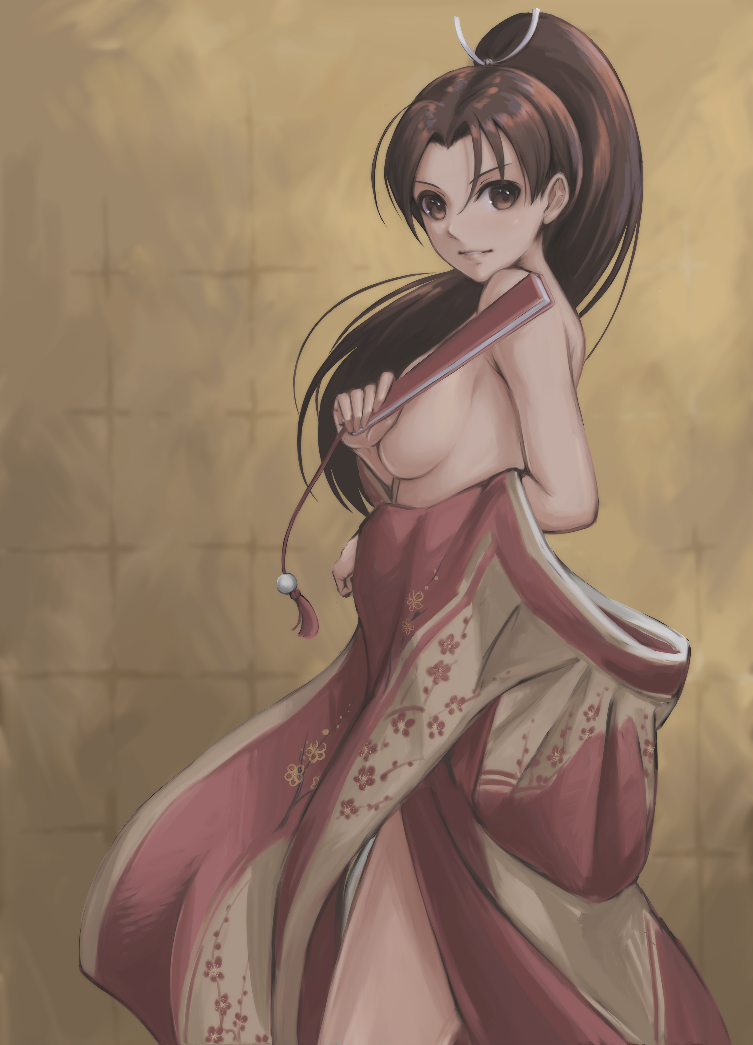 tyanoki, shiranui mai, fatal fury, absurdres, commentary request, highres, 1girl, breasts, brown eyes, brown hair, from side, hand fan, high ponytail, japanese clothes, kimono, kimono pull, large breasts, long hair, looking at viewer, parted lips, ponytail, red kimono, smile, solo