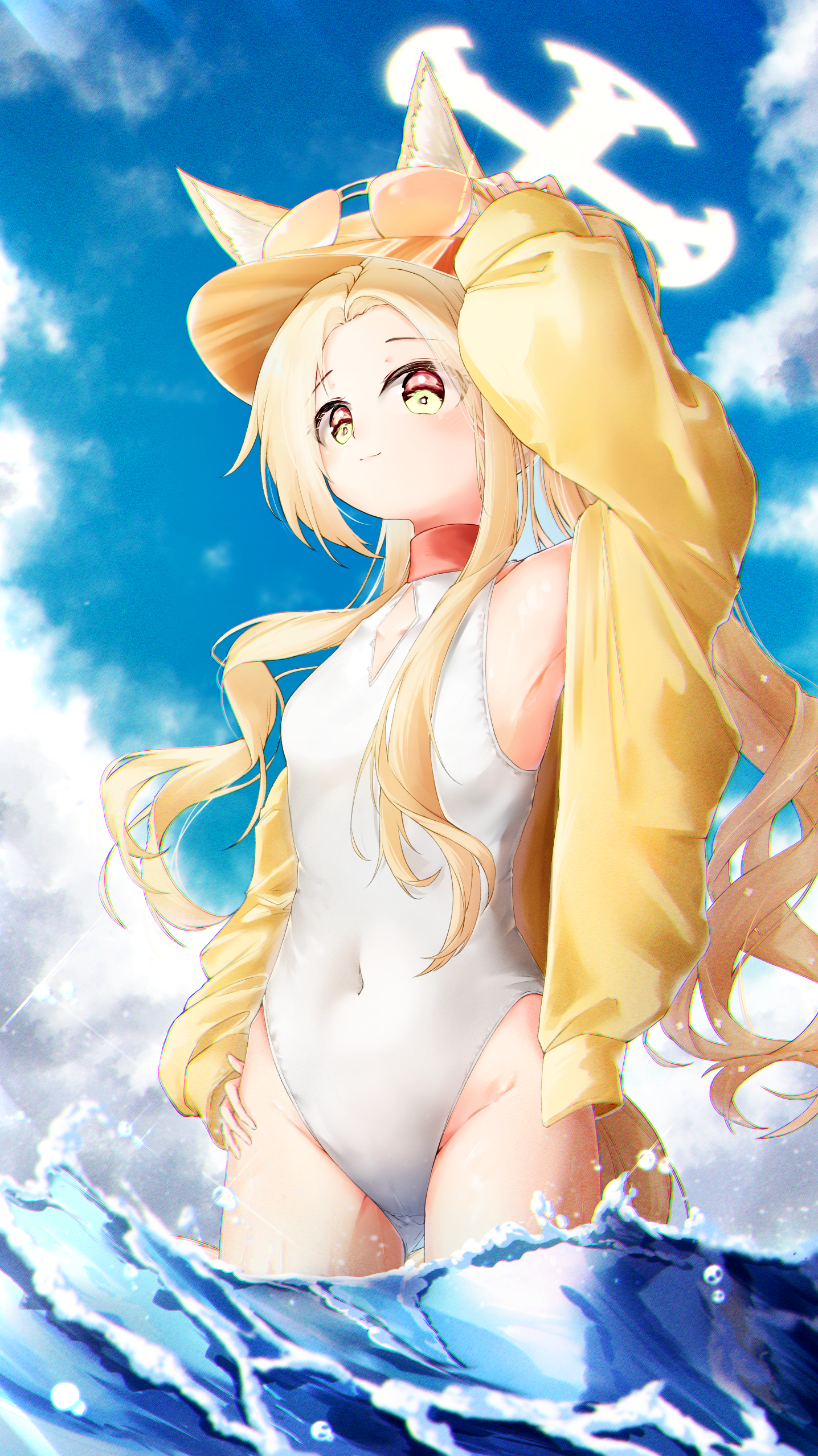 seia (blue archive), seia (swimsuit) (blue archive), blue archive, absurdres, commentary request, highres, 1girl, animal ear fluff, animal ears, blonde hair, blue sky, breasts, clothing cutout, cloud, covered navel, cross halo, day, diamond cutout, fox ears, fox girl, fox tail, halo, highleg, highleg one-piece swimsuit, jacket, kyuro, long hair, official alternate costume, official alternate hairstyle, one-piece swimsuit, orange-tinted eyewear, orange eyes, outdoors, side ponytail, sky, small breasts, smile, solo, sunglasses, swimsuit, tail, tinted eyewear, visor cap, wading, water, white one-piece swimsuit, yellow halo, yellow jacket, yellow visor