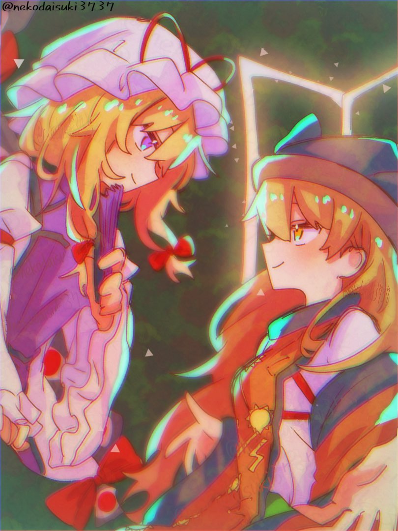 matara okina, yakumo yukari, touhou, hashtag-only commentary, 2girls, blonde hair, closed mouth, detached sleeves, dress, folded fan, folding fan, from side, gap (touhou), hair between eyes, hair ribbon, hand fan, hat, holding, holding fan, long hair, long sleeves, looking at another, mob cap, multiple girls, nekodaisuki3737, orange tabard, purple eyes, purple tabard, ribbon, shirt, smile, tabard, twitter username, upper body, white dress, white shirt, yellow eyes