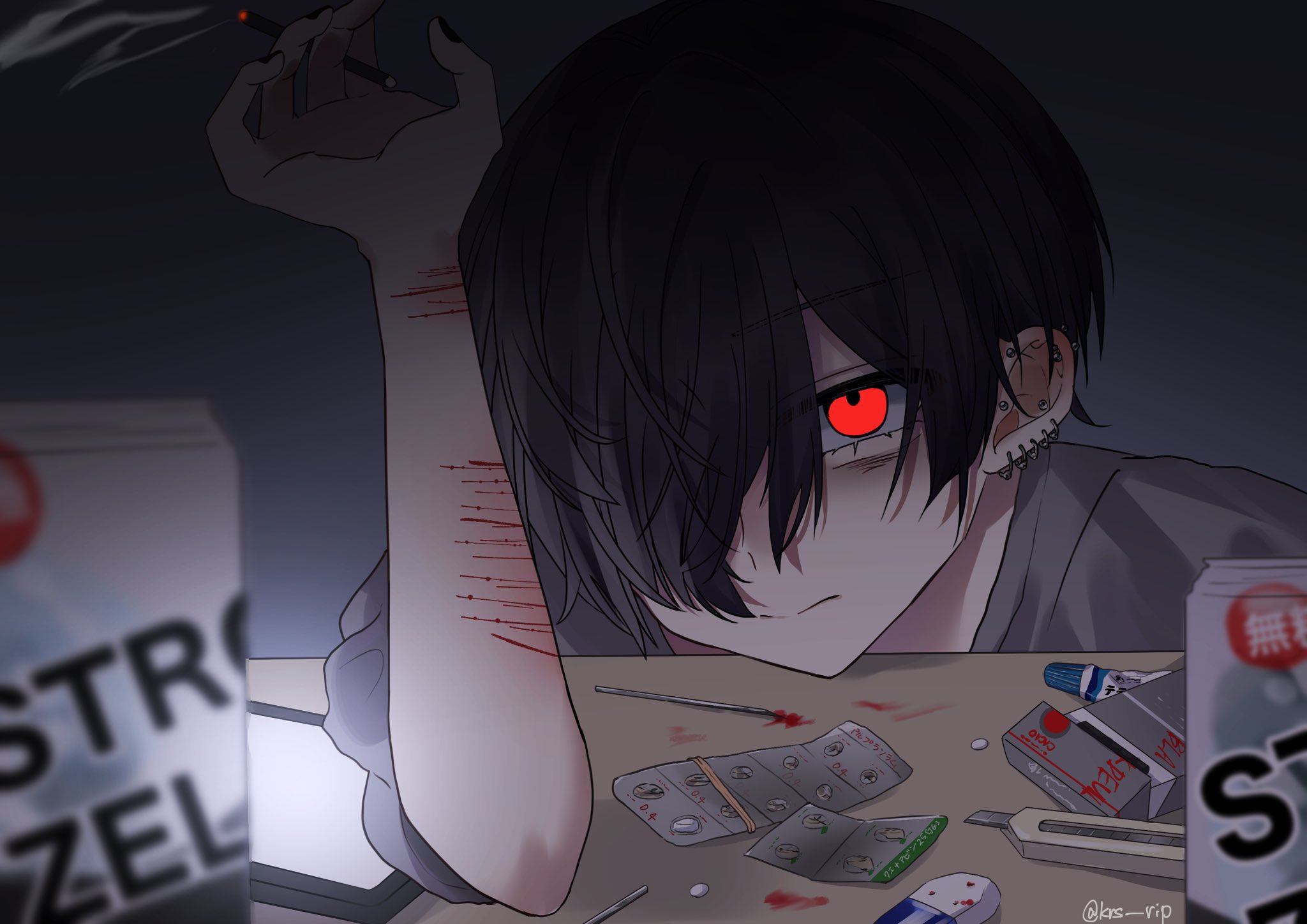 original, hashtag-only commentary, highres, 1girl, arm up, bags under eyes, black hair, boxcutter, cigarette, dim lighting, drugs, elbow rest, glowing, grey shirt, holding, holding cigarette, krs rip, leaning forward, phone, pill, red eyes, self-harm, shirt, short hair, smoke, smoke trail, solo, wrist cutting
