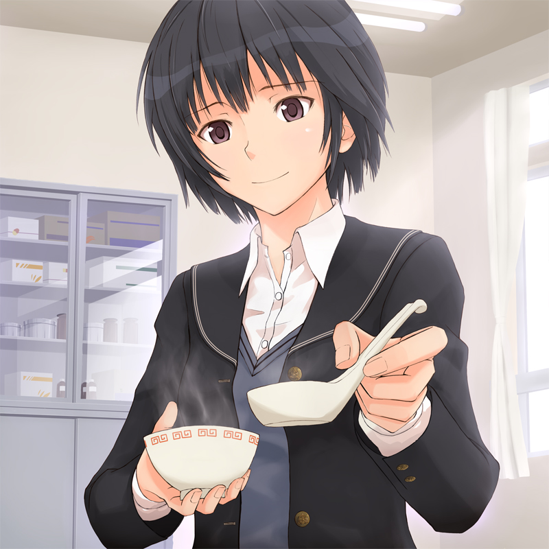 gebo, nanasaki ai, amagami, 1girl, black hair, bowl, brown eyes, feeding, female focus, incoming food, infirmary, pov feeding, school uniform, short hair, smile, solo, spoon, steam