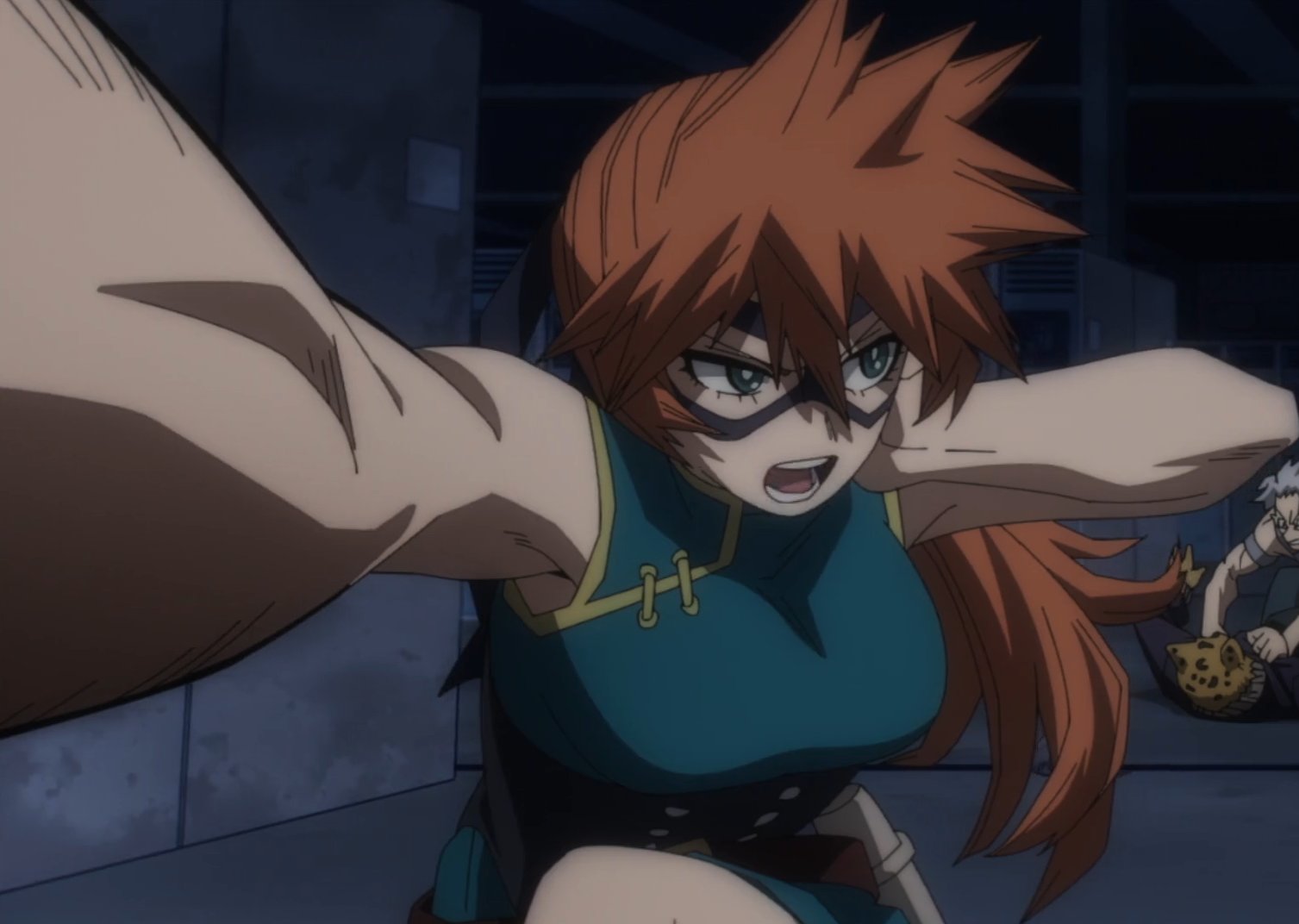 kendou itsuka, tetsutetsu tetsutetsu, boku no hero academia, screencap, anime screenshot, non-web source, bare arms, bare shoulders, belt, china dress, chinese clothes, corset, domino mask, dress, eye mask, mask, orange hair, ponytail