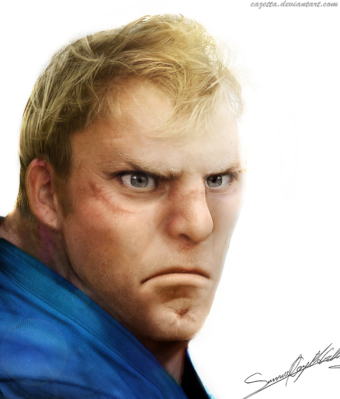 cazetta, abel (street fighter), capcom, street fighter, street fighter iv (series), 1boy, blonde hair, french text, male focus, portrait, realistic, signature, solo