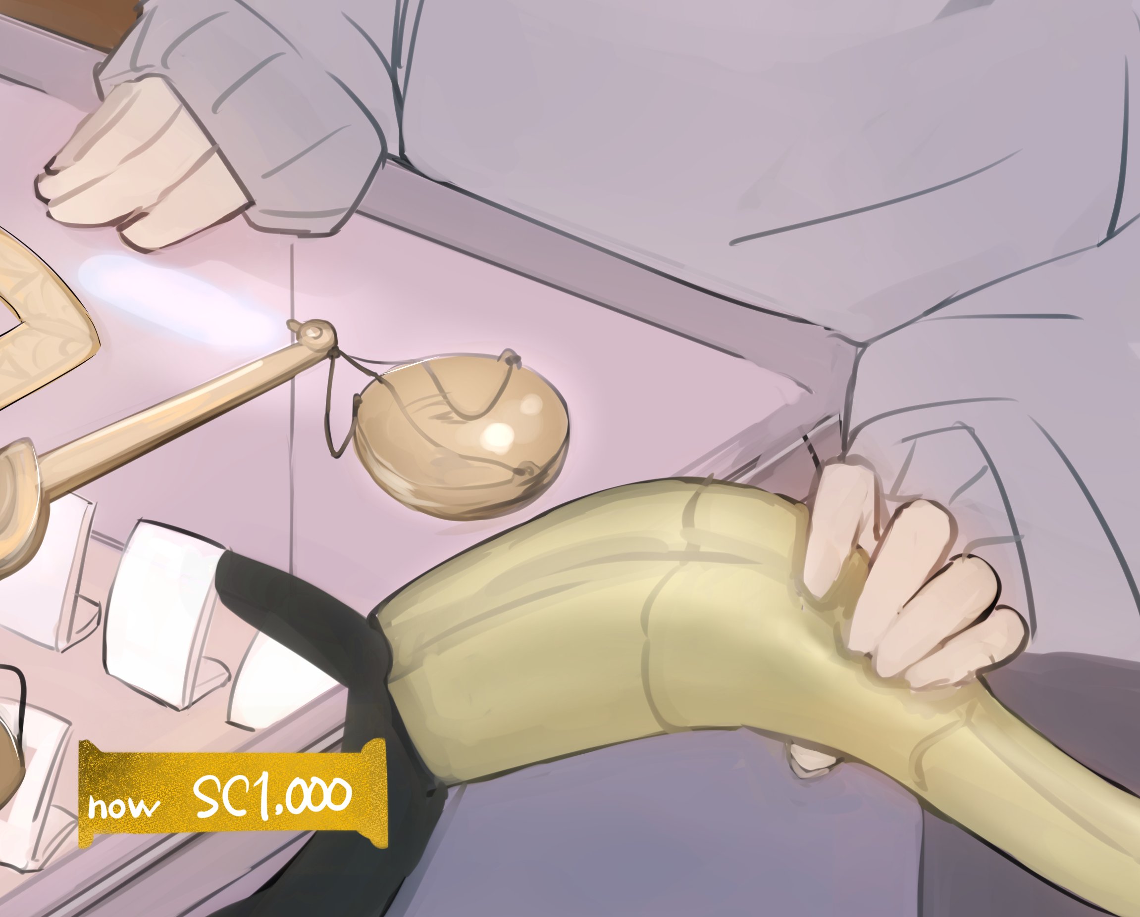 higemu, aura (sousou no frieren), pawn stars, sousou no frieren, highres, 1girl, balance scale, contemporary, counter, demon horns, display case, english text, fake horns, gold necklace, grey sweater, hairband, head out of frame, horn hairband, horns, jewelry, necklace, sleeves past wrists, solo, sweater, weighing scale