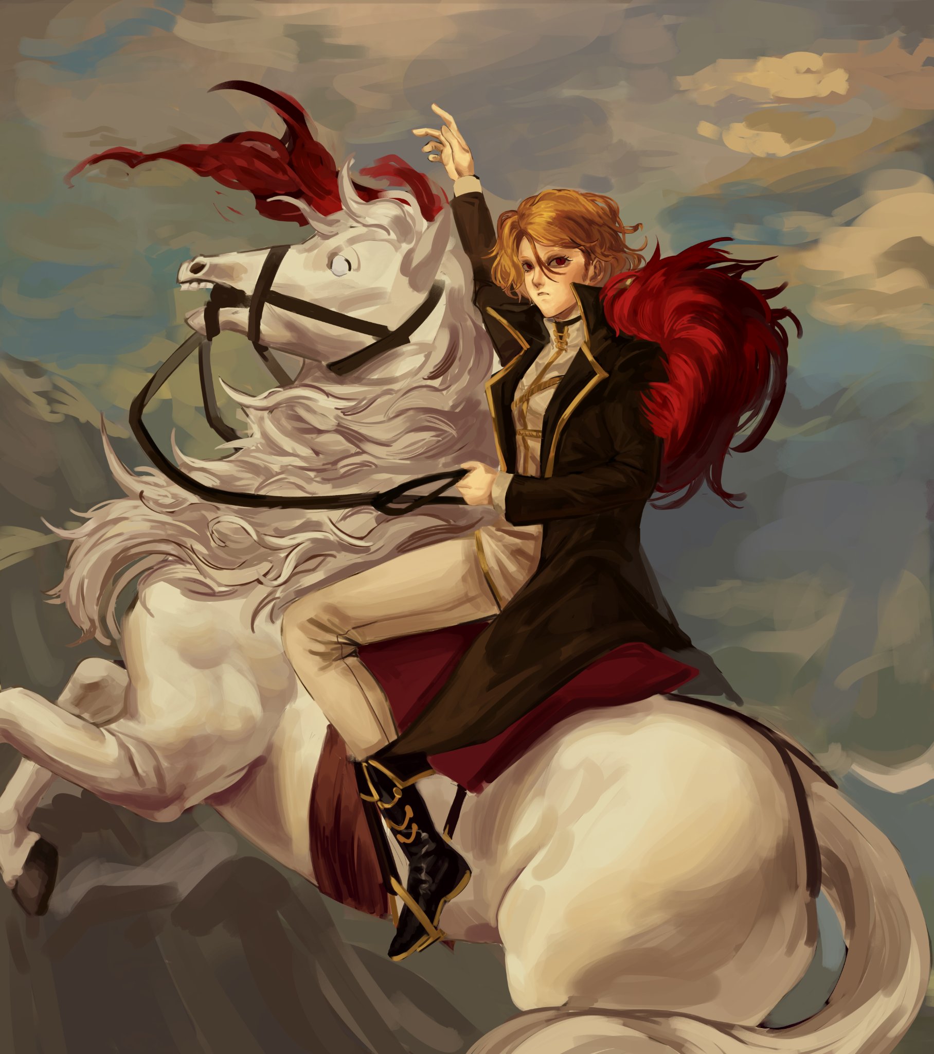 meptbey, don quixote (project moon), napoleon bonaparte, sancho (project moon), limbus company, project moon, commentary, english commentary, highres, 1girl, arm up, black coat, blonde hair, boots, coat, cosplay, feather boa, fine art parody, full body, gold trim, hand up, holding, holding reins, horseback riding, looking at viewer, napoleon bonaparte (cosplay), parody, popped collar, reins, riding, serious, shirt, short hair, solo, white shirt