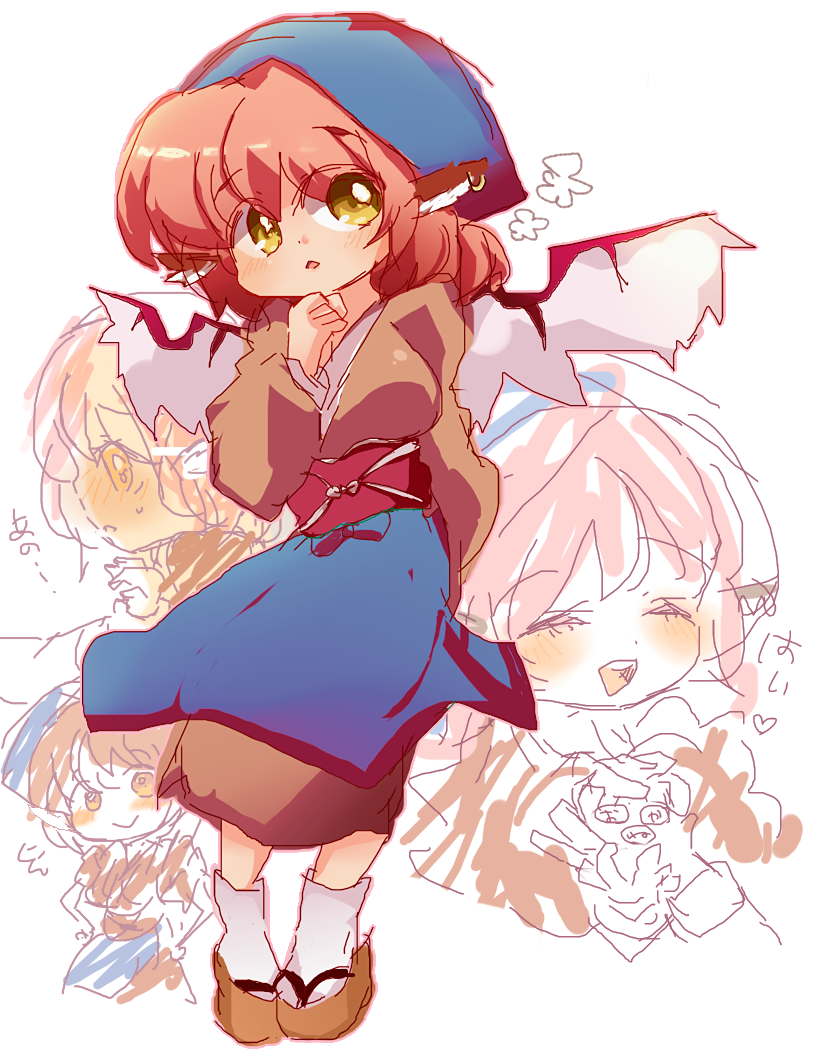 mo-no, mystia lorelei, okamisty, touhou, bad id, bad pixiv id, translated, 1girl, animal ears, apron, blush, chibi, closed eyes, female focus, japanese clothes, obi, profile, sandals, sash, short hair, shy, smile, tasuki, wings