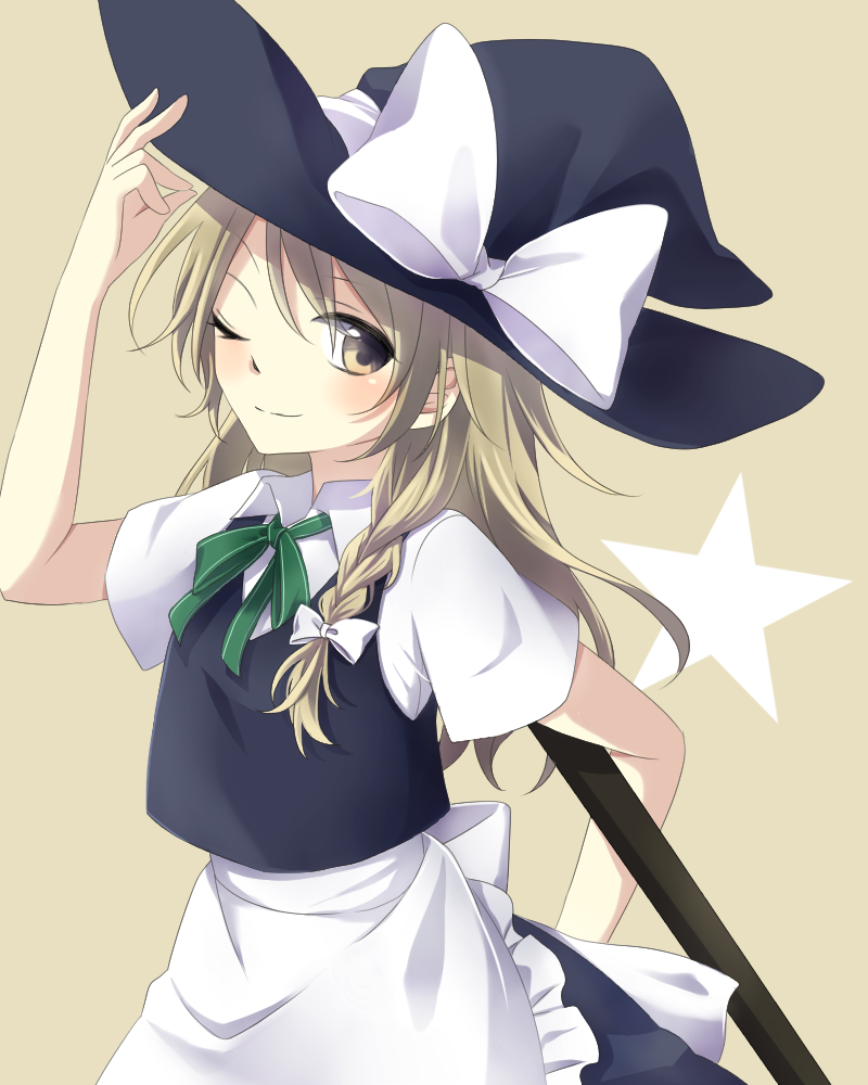 tsuno no hito, kirisame marisa, touhou, commentary request, 1girl, apron, back bow, black hat, black skirt, black vest, blonde hair, bow, bowtie, braid, closed mouth, collared shirt, green bow, green bowtie, hair bow, hat, hat bow, looking at viewer, one eye closed, shirt, short sleeves, side braid, simple background, single braid, skirt, smile, solo, star (symbol), vest, waist apron, white apron, white bow, white shirt, witch hat, yellow background, yellow eyes