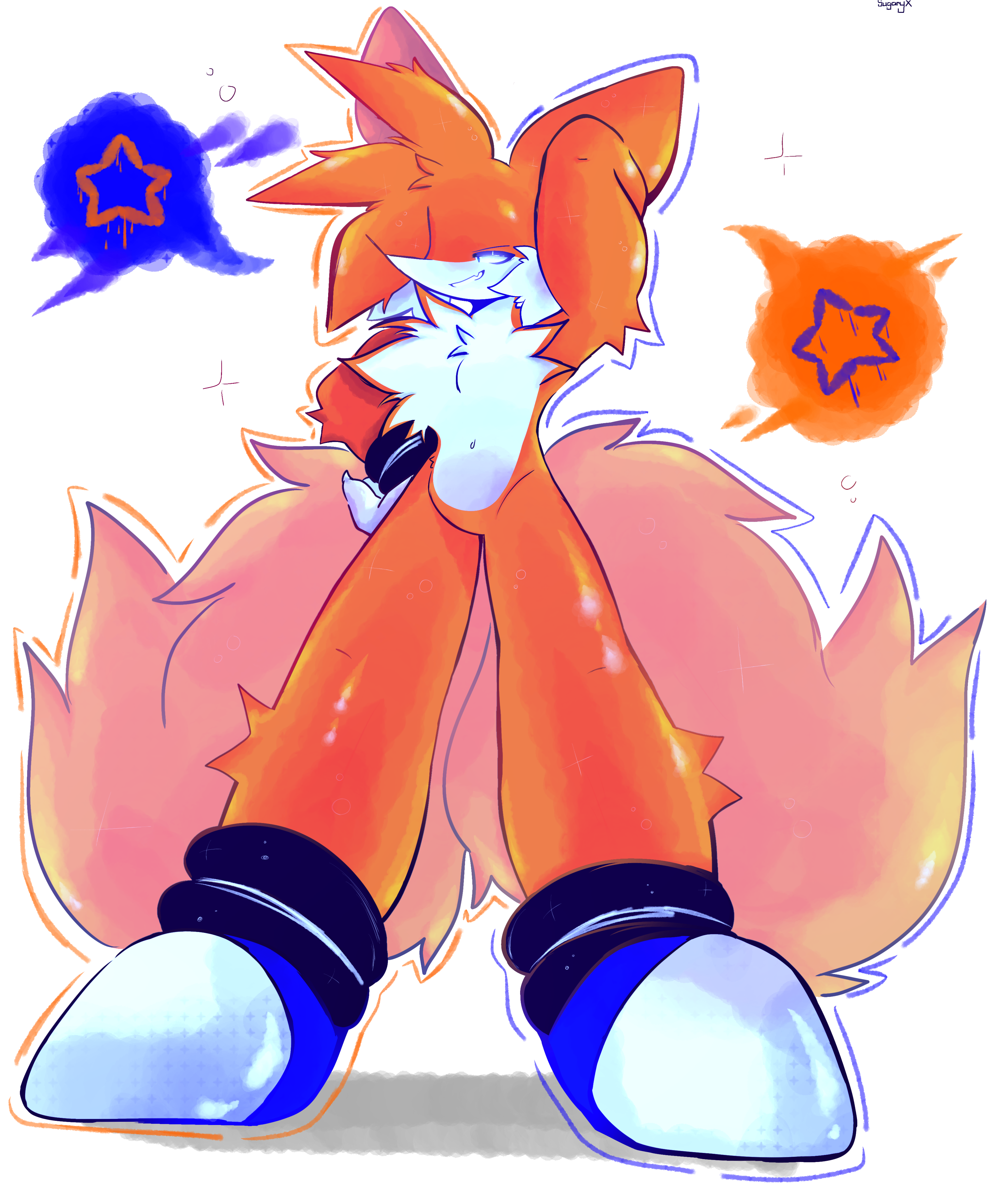 tails (sonic), sonic (series), absurdres, commentary, highres, symbol-only commentary, 1boy, 2024, arm up, blue shoes, chest fur, fingernails, fox, full body, gloves, luther artwright (needlemouse), needlemouse (series), sharp fingernails, shoes, smirk, solo, standing, star (symbol), vitrioo, white gloves