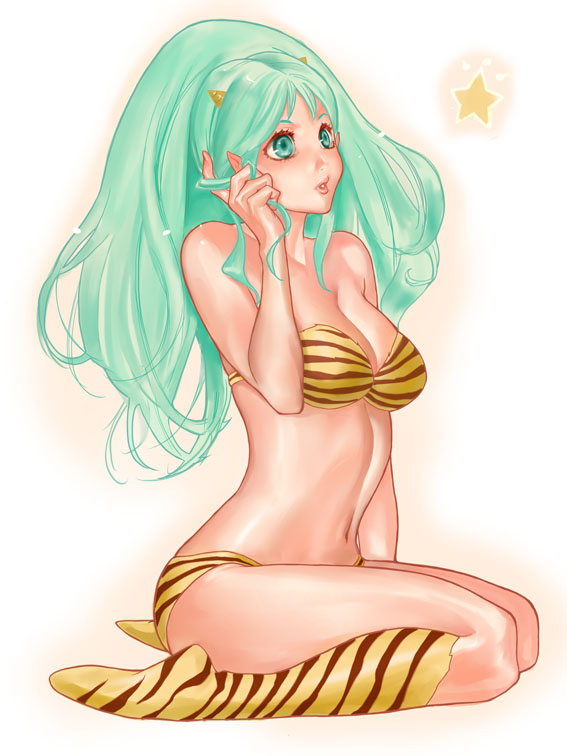 sakakibara mizuki, lum, urusei yatsura, bad id, bad pixiv id, 1girl, animal print, aqua eyes, aqua hair, bikini, breasts, cone horns, female focus, full body, gradient background, horns, long hair, oni, small horns, solo, swimsuit, tiger print, white background, yellow bikini