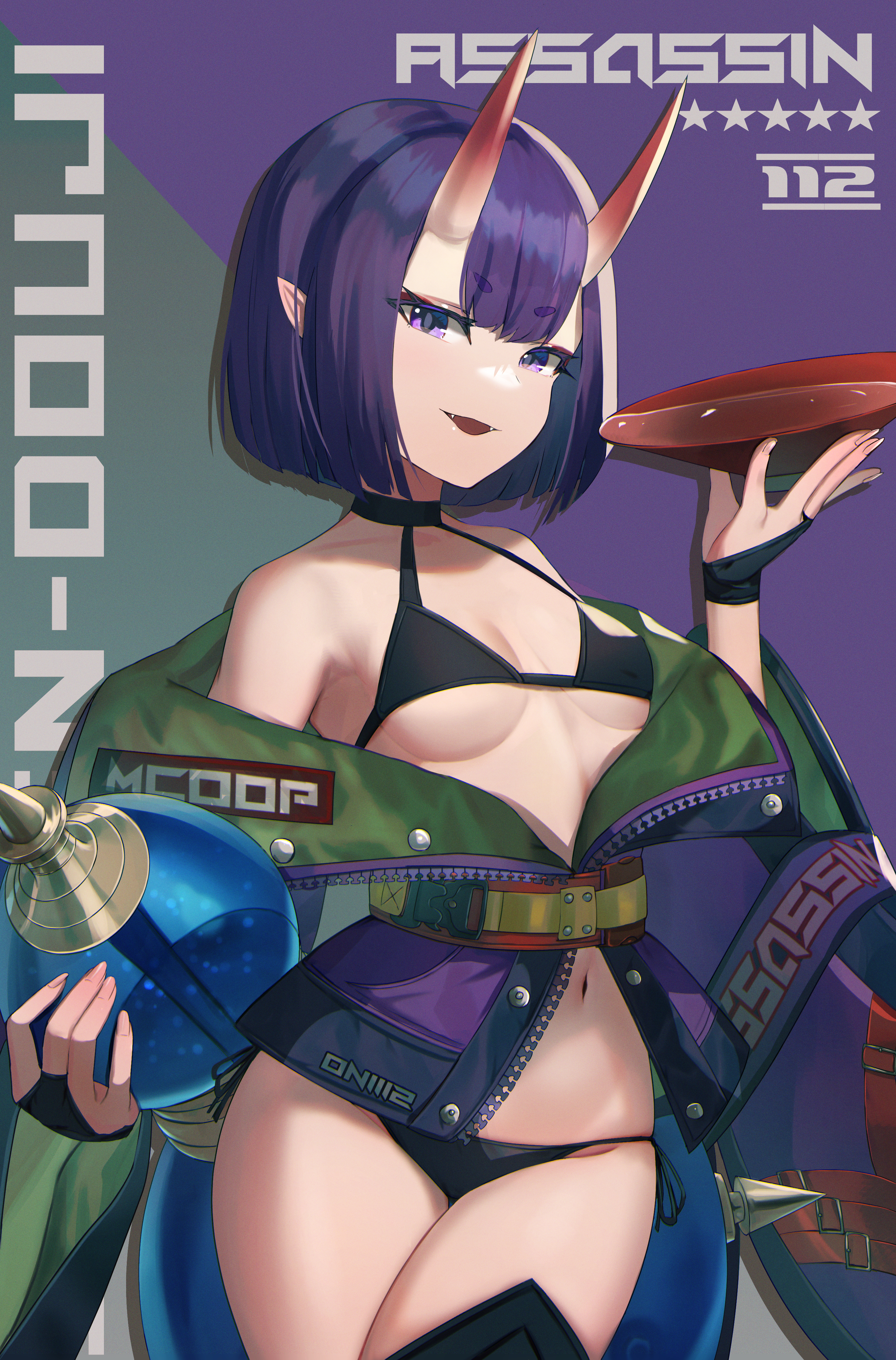 dolce (dolsuke), shuten douji (fate), fate/grand order, fate (series), absurdres, commentary request, highres, revision, 1girl, adapted costume, bare shoulders, blunt bangs, bob cut, breasts, cup, eyeliner, gourd, headpiece, horns, looking at viewer, makeup, oni, open mouth, petite, purple eyes, purple hair, revealing clothes, sakazuki, short hair, skin-covered horns, small breasts, smile, solo