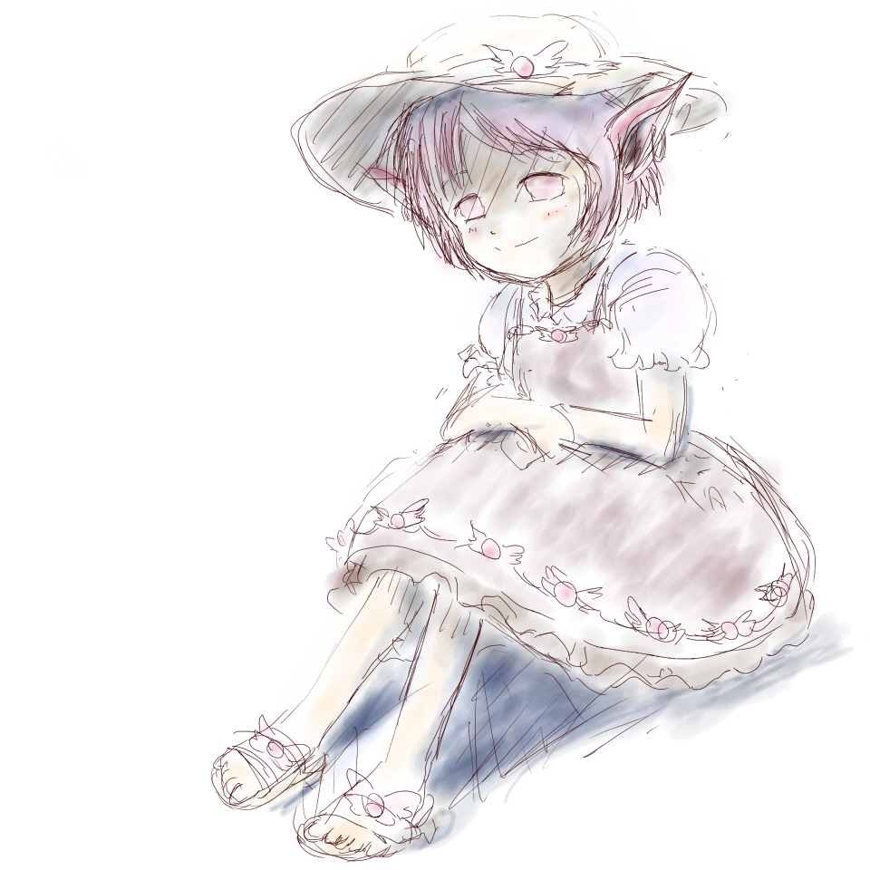 saraband, mystia lorelei, touhou, bad id, bad pixiv id, 1girl, animal ears, barefoot, dress, female focus, full body, hat, pale color, sandals, short hair, short sleeves, sitting, sketch, smile, solo, white background, white theme
