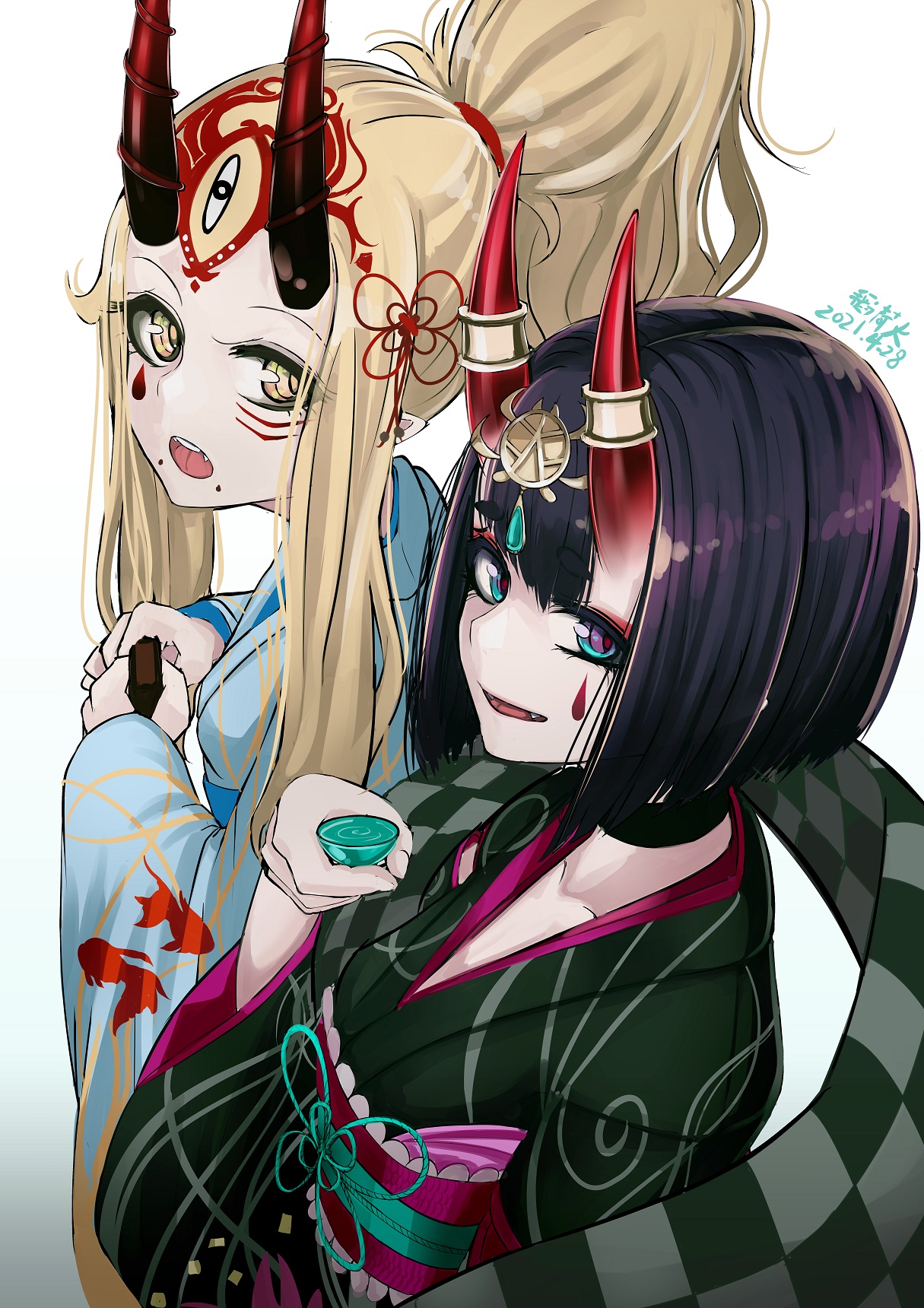 b.d, ibaraki douji (fate), shuten douji (fate), shuten douji (lostroom outfit) (fate), fate/grand order, fate (series), commentary request, highres, revision, 2girls, black kimono, blonde hair, blue kimono, blunt bangs, bob cut, breasts, eyeliner, facial mark, floral print, forehead, forehead mark, hair pulled back, headpiece, horn ornament, horn ring, horns, japanese clothes, kimono, long hair, long sleeves, looking at viewer, makeup, multiple girls, obi, oni, open mouth, ponytail, purple eyes, purple hair, sash, short hair, sidelocks, skin-covered horns, small breasts, smile, tattoo, wide sleeves, yellow eyes