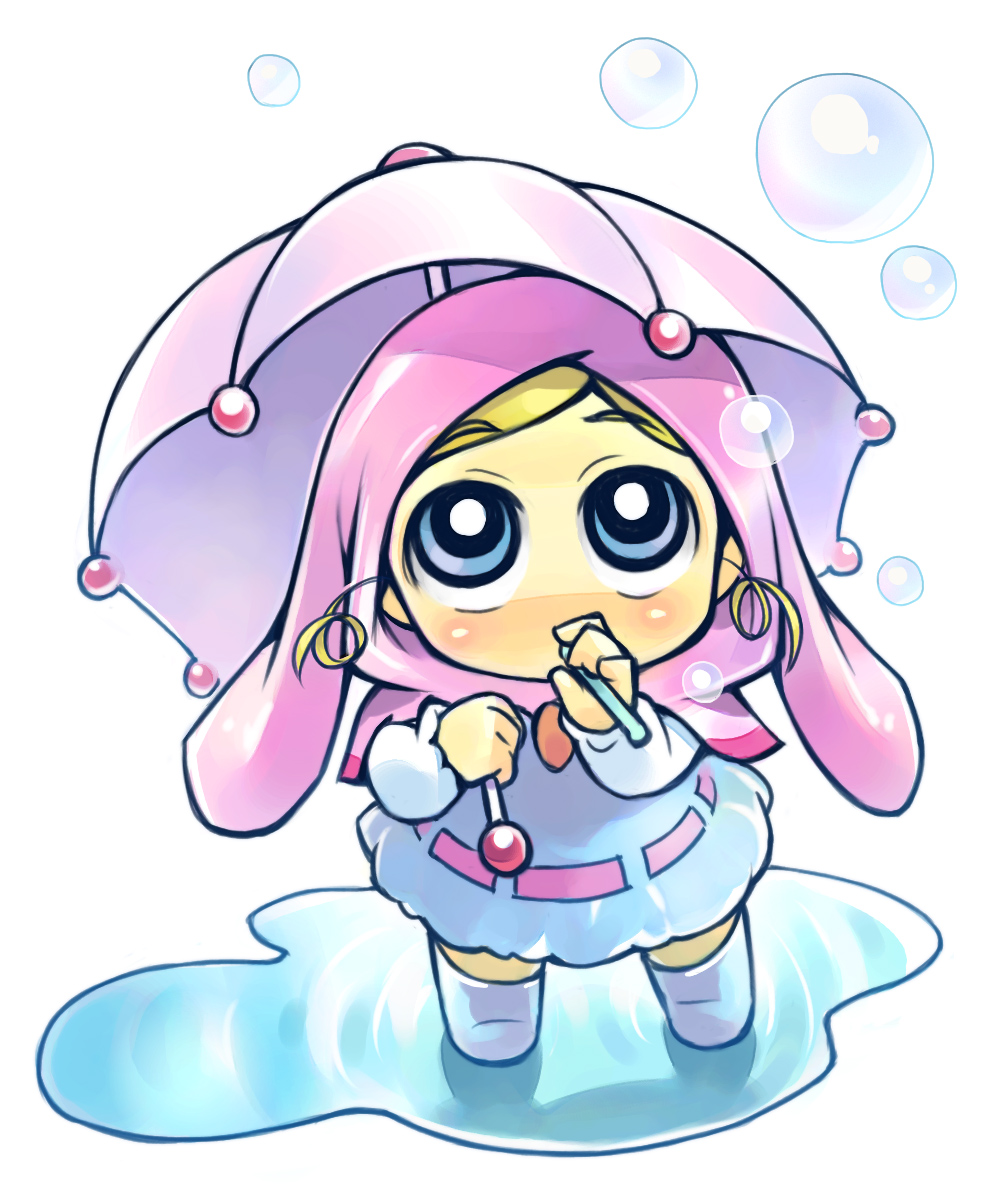 minawa, goutokuji miyako, powerpuff girls z, commentary request, highres, revision, 1girl, blue eyes, boots, chibi, chibi only, full body, hood, long hair, long sleeves, looking up, pink hair, puddle, raincoat, simple background, solo, standing, umbrella, water, wet floor, white background