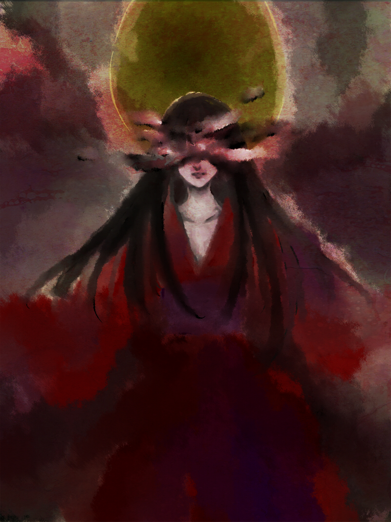 haibara sakuya, fatal frame, fatal frame: mask of the lunar eclipse, black hair, ghost, japanese clothes, kimono, long hair, moon, no eyes, solo