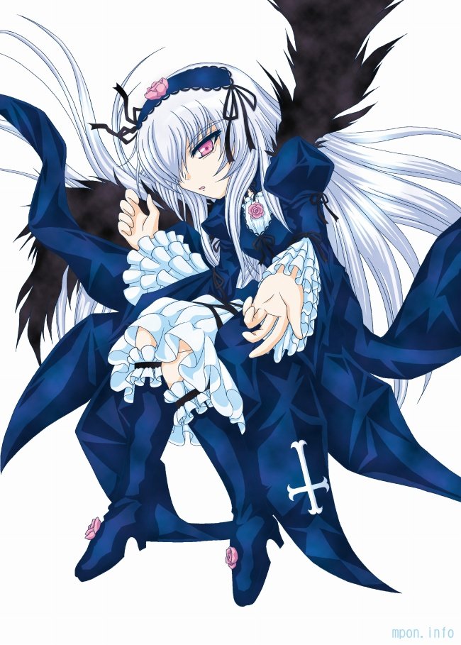 mpon, suigintou, rozen maiden, commentary request, revision, 1girl, black dress, black wings, dress, flower, frilled sleeves, frills, grey hair, hairband, lolita hairband, long hair, long sleeves, pink eyes, rose, simple background, solo, very long hair, white background, wings
