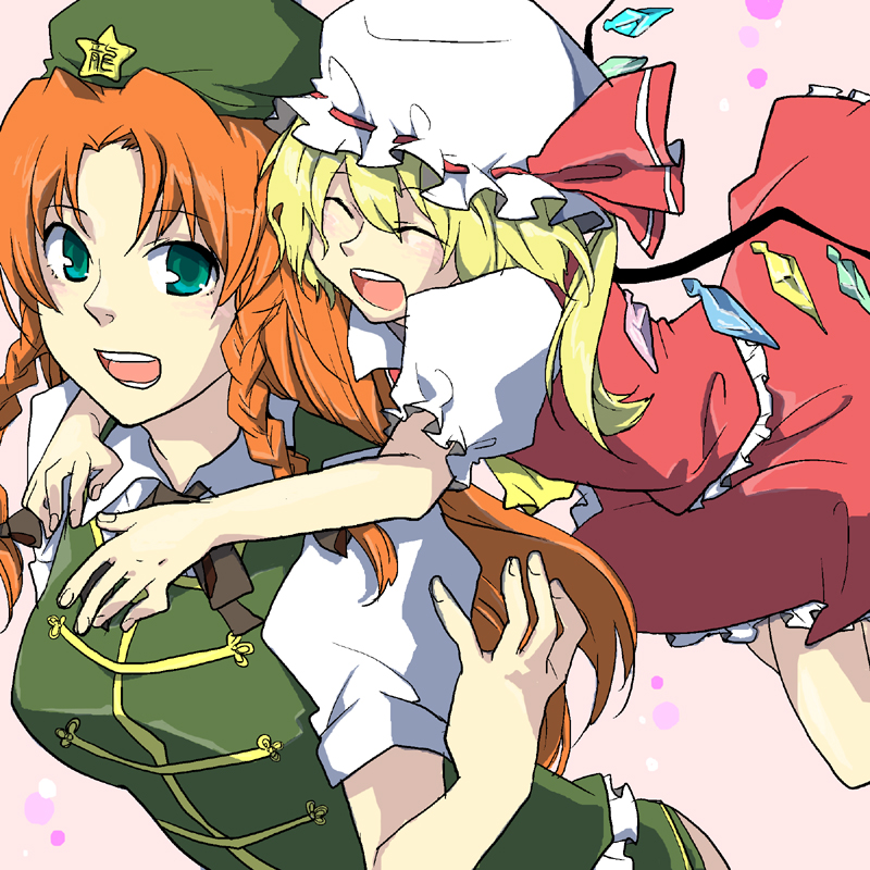 maiyu, flandre scarlet, hong meiling, embodiment of scarlet devil, touhou, 2girls, blonde hair, blush, bow, braid, china dress, chinese clothes, closed eyes, dress, female focus, green eyes, hair bow, happy, hat, hug, long hair, multiple girls, open mouth, orange hair, twin braids, wings