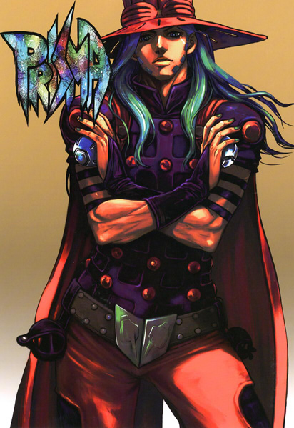 mahito (tranjistor), tranjistor, gyro zeppeli, jojo no kimyou na bouken, steel ball run, 1boy, armband, beard, belt, blue hair, bridal gauntlets, cape, facial hair, green hair, hat, long hair, male focus, multicolored hair, nail polish, oekaki, solo