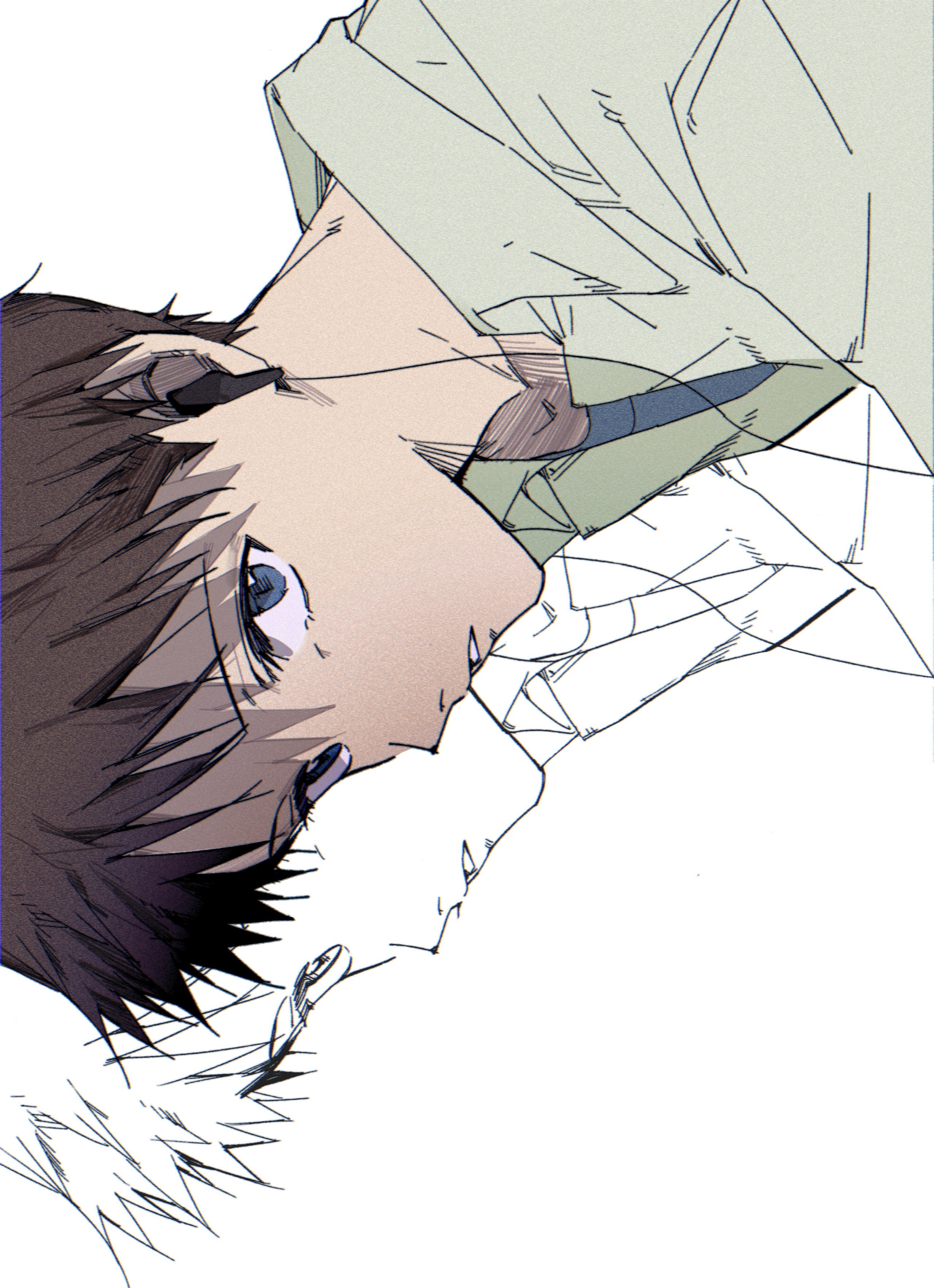 k and s 53, ikari shinji, neon genesis evangelion, absurdres, highres, 1boy, blue eyes, blue shirt, brown hair, collared shirt, crew neck, headphones, male focus, open collar, parted lips, shirt, short hair, sideways, solo, white background, white shirt