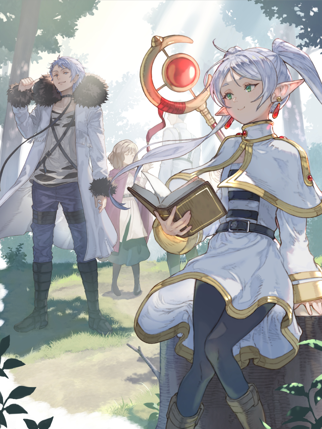 ve 0ekaki, ehre (sousou no frieren), frieren, scharf (sousou no frieren), wirbel (sousou no frieren), sousou no frieren, commentary request, highres, 2boys, 2girls, belt, black belt, black boots, black choker, black pantyhose, blue pants, book, boots, breasts, brown boots, brown hair, capelet, choker, cloak, coat, earrings, elf, feet out of frame, forest, full body, fur-trimmed coat, fur trim, gold trim, green eyes, green skirt, grey hair, grey shirt, holding, holding book, jacket, jewelry, long coat, long hair, medium hair, multiple boys, multiple girls, nature, on tree stump, outdoors, pants, pantyhose, parted bangs, pink cloak, pointy ears, shirt, short hair, skirt, small breasts, smile, staff, striped clothes, striped shirt, tree stump, twintails, white capelet, white coat, white jacket, white shirt, white skirt