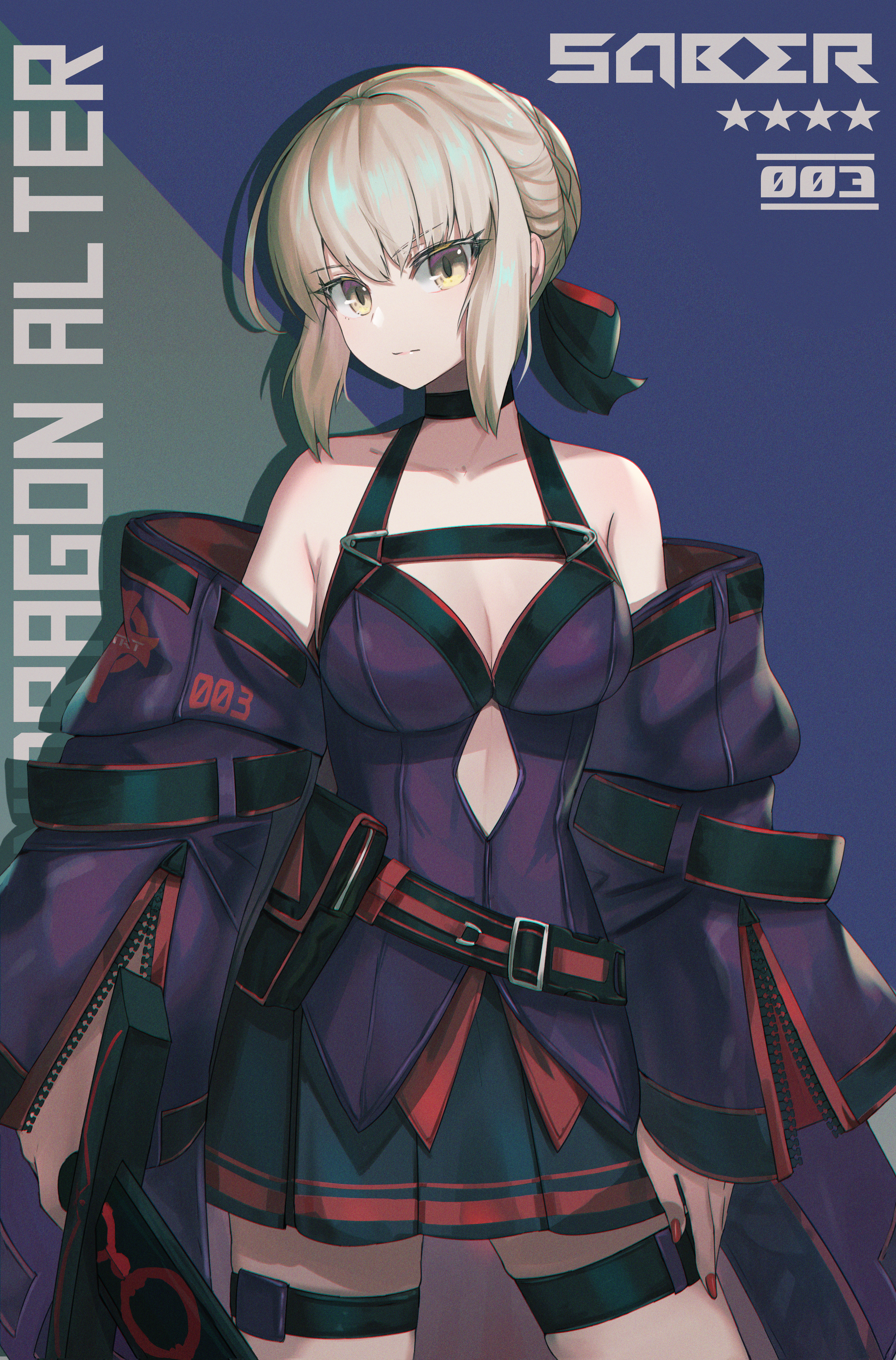 dolce (dolsuke), artoria pendragon (fate), saber alter, fate/grand order, fate (series), absurdres, commentary request, highres, revision, 1girl, adapted costume, alternate costume, arm at side, bare shoulders, belt, black belt, black choker, black ribbon, black skirt, blonde hair, braid, breasts, character name, choker, cleavage, closed mouth, clothing cutout, collarbone, cowboy shot, detached sleeves, diamond cutout, dress, excalibur morgan (fate), hair ribbon, halterneck, holding, holding sword, holding weapon, large breasts, long sleeves, looking at viewer, lord camelot (fate), medium breasts, off shoulder, red belt, red nails, red ribbon, ribbon, short hair, sidelocks, skirt, solo, standing, sword, thigh strap, unzipped, weapon, wide sleeves, yellow eyes