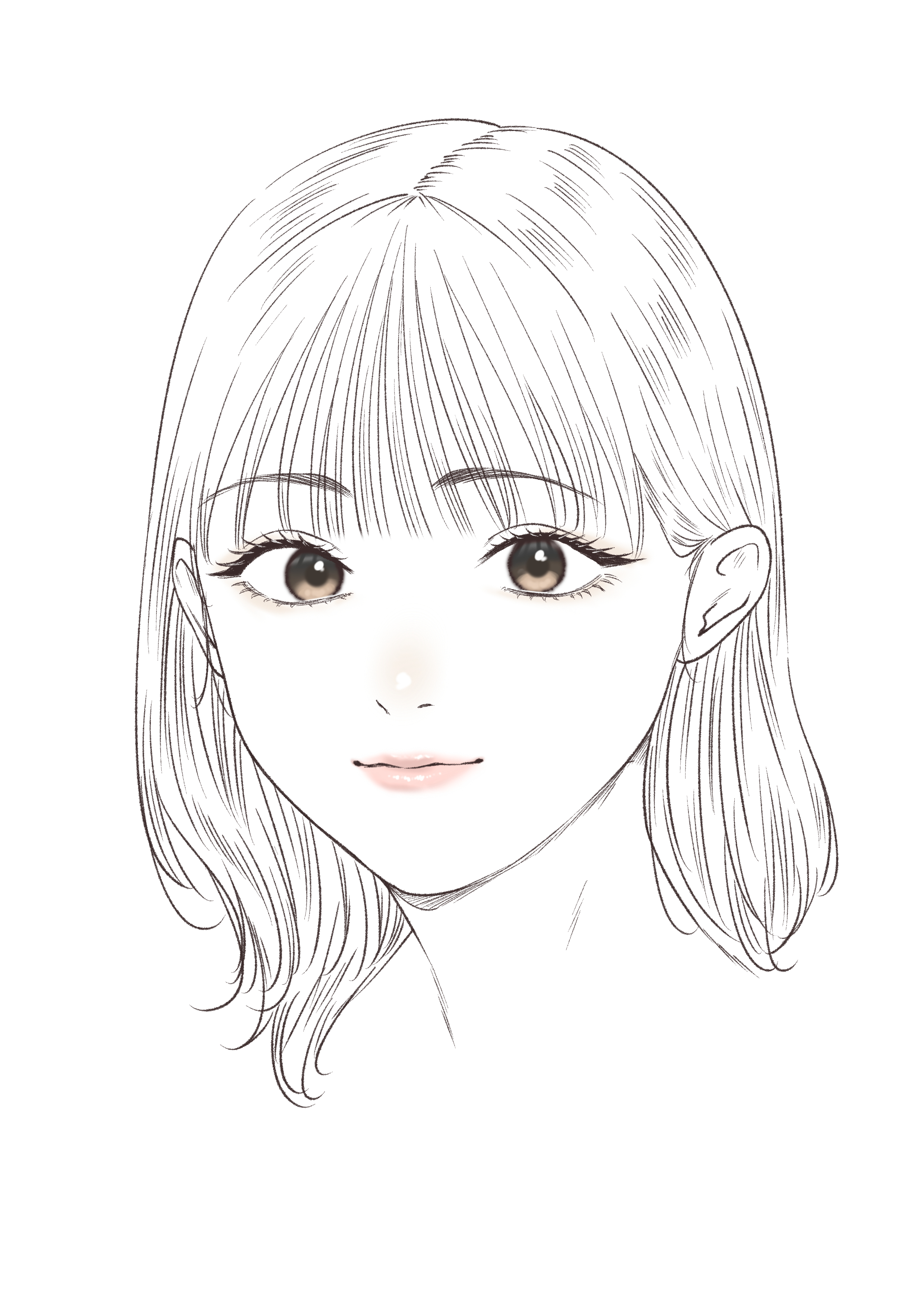 tantanmen72, absurdres, commentary request, highres, 1girl, brown eyes, lipstick, long hair, looking at viewer, makeup, portrait, simple background, sketch, solo, white background