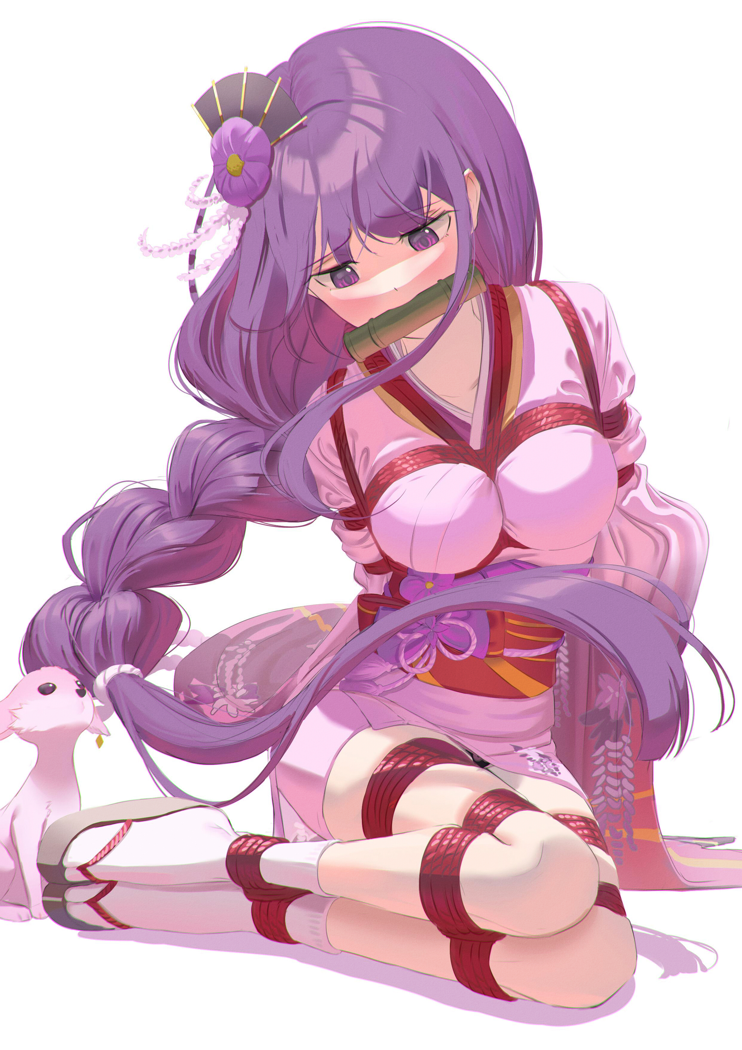 cailin020, makoto (genshin impact), yae miko, yae miko (fox), genshin impact, absurdres, commentary, english commentary, highres, 1girl, arms behind back, bdsm, blunt bangs, blush, bondage, bound, bound arms, bound legs, braid, breast bondage, breasts, fan hair ornament, gag, gag harness, gagged, japanese clothes, kimono, leaning to the side, long hair, looking to the side, low-tied long hair, pink kimono, purple eyes, purple hair, red rope, red sash, restrained, rope, sash, shade, shadow, shibari, shibari over clothes, single braid, solo focus, thighs, white background, wide sleeves
