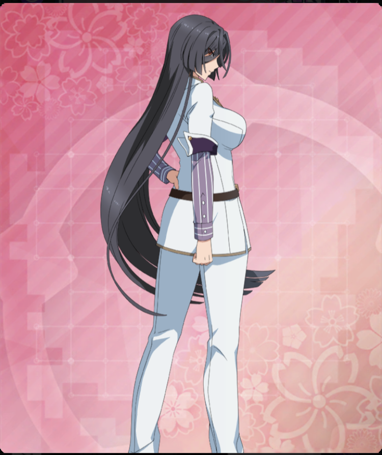 origami yukari, toji no miko, toji no miko: kizamishi issen no tomoshibi, game cg, official art, third-party source, 1girl, belt, black hair, blunt ends, breasts, brown belt, buttons, clenched hand, double-breasted, eyes visible through hair, feet out of frame, floral background, from behind, hair over one eye, hand on own hip, jacket, large breasts, layered sleeves, long hair, long sleeves, looking at viewer, looking to the side, pants, pink background, pinstripe pattern, pinstripe shirt, profile, purple shirt, red eyes, shirt, short eyebrows, short sleeves, sideways glance, solo, straight hair, striped clothes, striped shirt, thick eyebrows, vertical-striped clothes, vertical-striped shirt, very long hair, white jacket, white pants