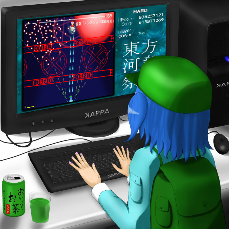 tokiato netone, kawashiro mitori, kawashiro nitori, original, touhou, bad id, bad pixiv id, jpeg artifacts, 1girl, backpack, bad anatomy, bad hands, bag, blue hair, can, computer, computer keyboard, danmaku, english text, engrish text, female focus, hat, kappa, pink hair, playing games, playing video games, poorly drawn, randoseru, ranguage, short hair