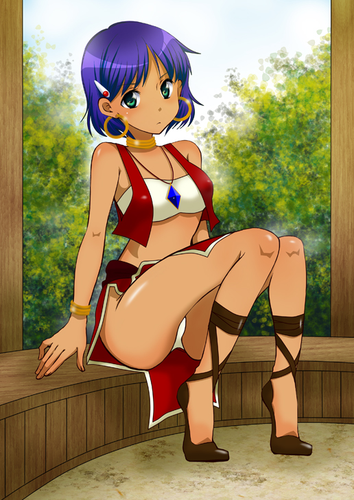 horia, ikebukuro maria, nadia la arwall, fushigi no umi no nadia, bad id, bad pixiv id, 1990s (style), 1girl, ankle lace-up, bandeau, bare shoulders, bench, bob cut, bracelet, dark-skinned female, dark skin, earrings, female focus, green eyes, hair ornament, hairclip, jewelry, loincloth, midriff, neck ring, necklace, panties, pantyshot, pelvic curtain, purple hair, retro artstyle, sandals, short hair, sitting, solo, strapless, tube top, underwear, vest