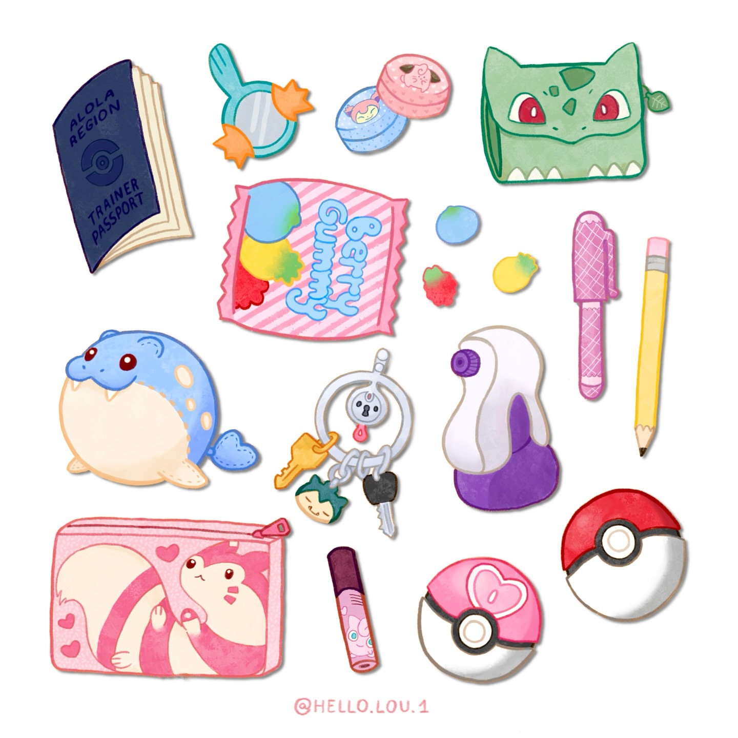 bulbasaur, cleffa, furret, jigglypuff, klefki, mudkip, skitty, snorlax, spheal, nintendo, pokemon, commentary, highres, alternate color, bag, berry (pokemon), character charm, character doll, charm (object), doll, gen 1 pokemon, gen 2 pokemon, gen 3 pokemon, gen 6 pokemon, gummy candy, hand mirror, handbag, hello.lou.1, key, keyring, lip balm, love ball, mirror, no humans, oran berry, passport, pen, pencil, pinap berry, poke ball, potion (pokemon), razz berry, shiny pokemon, white background
