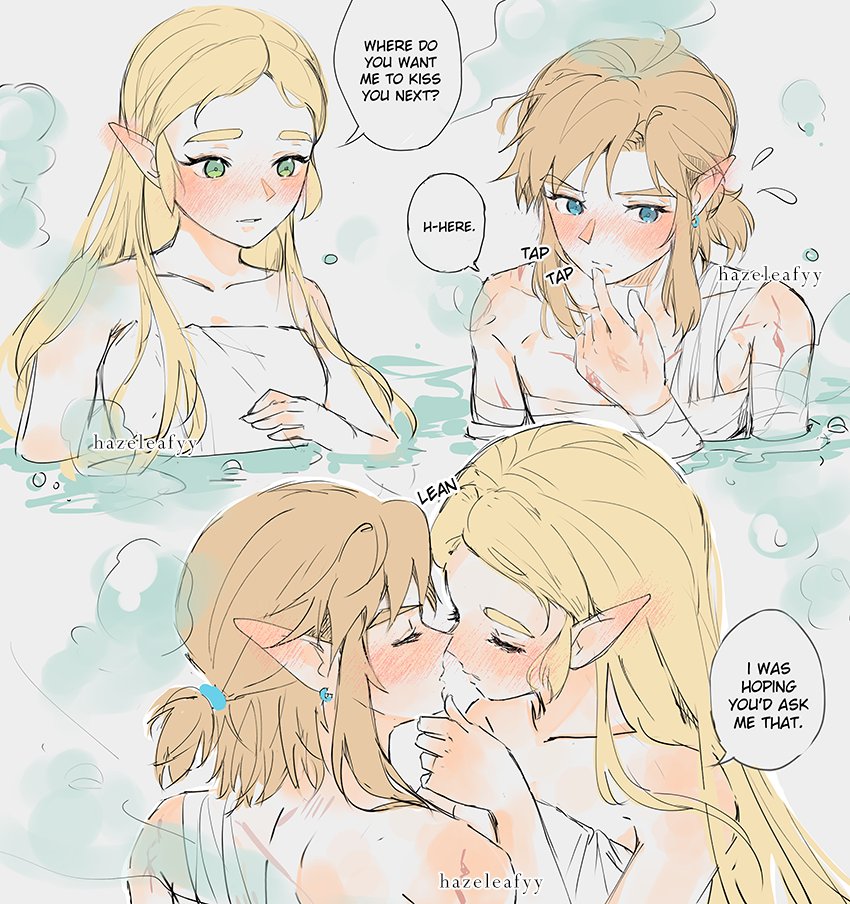 hazeleafyy, link, princess zelda, nintendo, the legend of zelda, the legend of zelda: breath of the wild, commentary, english commentary, 1boy, 1girl, artist name, bandaged arm, bandaged chest, bandages, bathing, blonde hair, blue eyes, blush, breasts, closed eyes, couple, ear blush, english text, finger to mouth, flying sweatdrops, green eyes, hair tie, hand on another's chin, hetero, imminent kiss, low ponytail, medium breasts, multiple scars, naked towel, parted bangs, pointy ears, ponytail, scar, scar on arm, sidelocks, thick eyebrows, towel, upper body