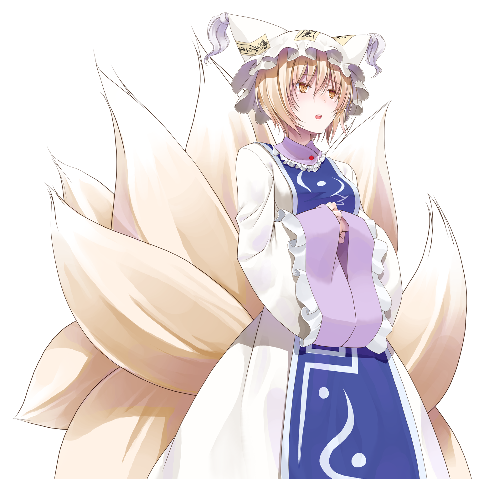 crote, yakumo ran, touhou, commentary request, highres, large variant set, variant set, 1girl, blonde hair, blue tabard, cracking knuckles, dress, fox tail, furrowed brow, hands in opposite sleeves, hat, kitsune, kyuubi, long dress, long sleeves, mob cap, multiple tails, ofuda, open mouth, short hair, tabard, tail, teeth, transparent background, upper teeth only, white dress, white hat, wide sleeves, yellow eyes