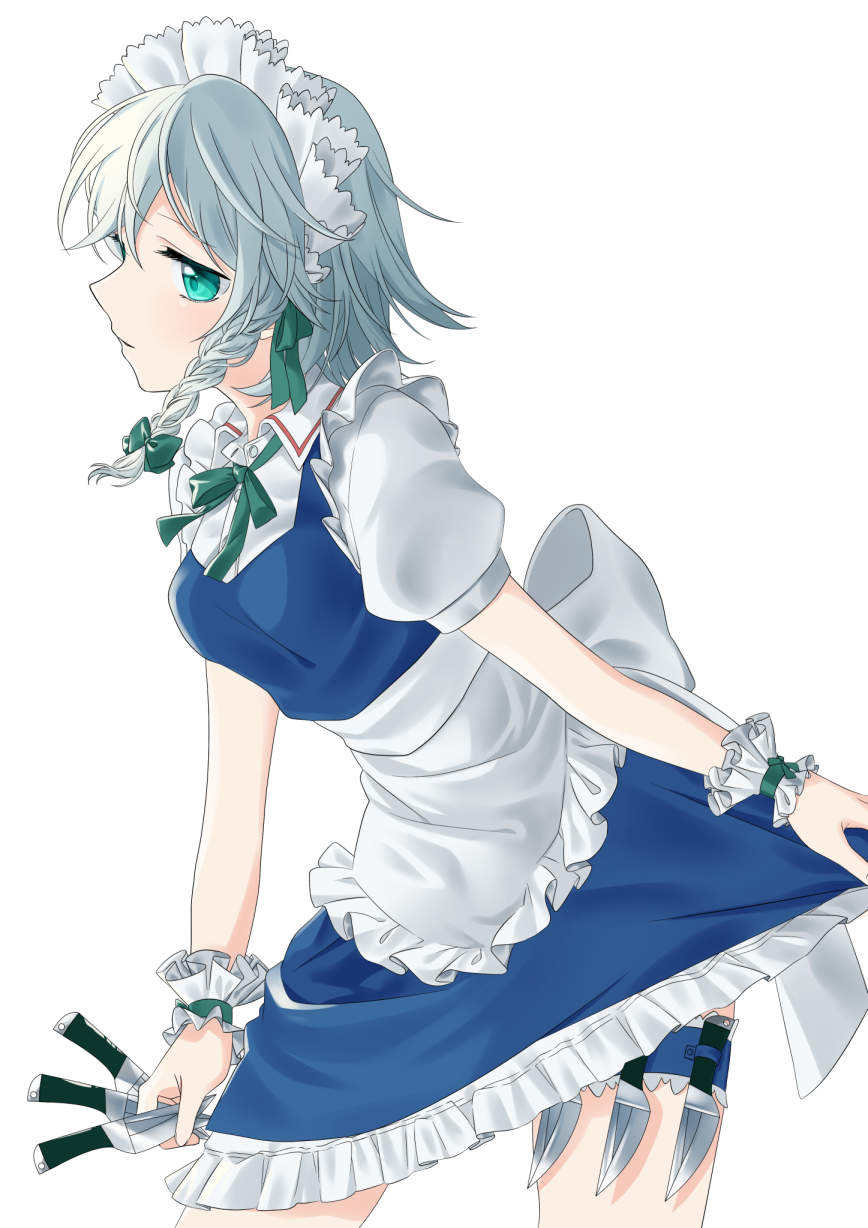tsuno no hito, izayoi sakuya, touhou, commentary request, highres, 1girl, apron, back bow, between fingers, blue dress, blue eyes, blush, bow, bowtie, braid, breasts, closed mouth, collared shirt, dress, frilled dress, frills, green bow, green bowtie, grey hair, hair bow, holding, holding knife, knife, knives between fingers, long hair, maid, maid headdress, medium breasts, pinafore dress, puffy short sleeves, puffy sleeves, shirt, short sleeves, simple background, sleeveless, sleeveless dress, solo, thigh strap, twin braids, waist apron, weapon in garters, white background, white bow, white shirt, wrist cuffs