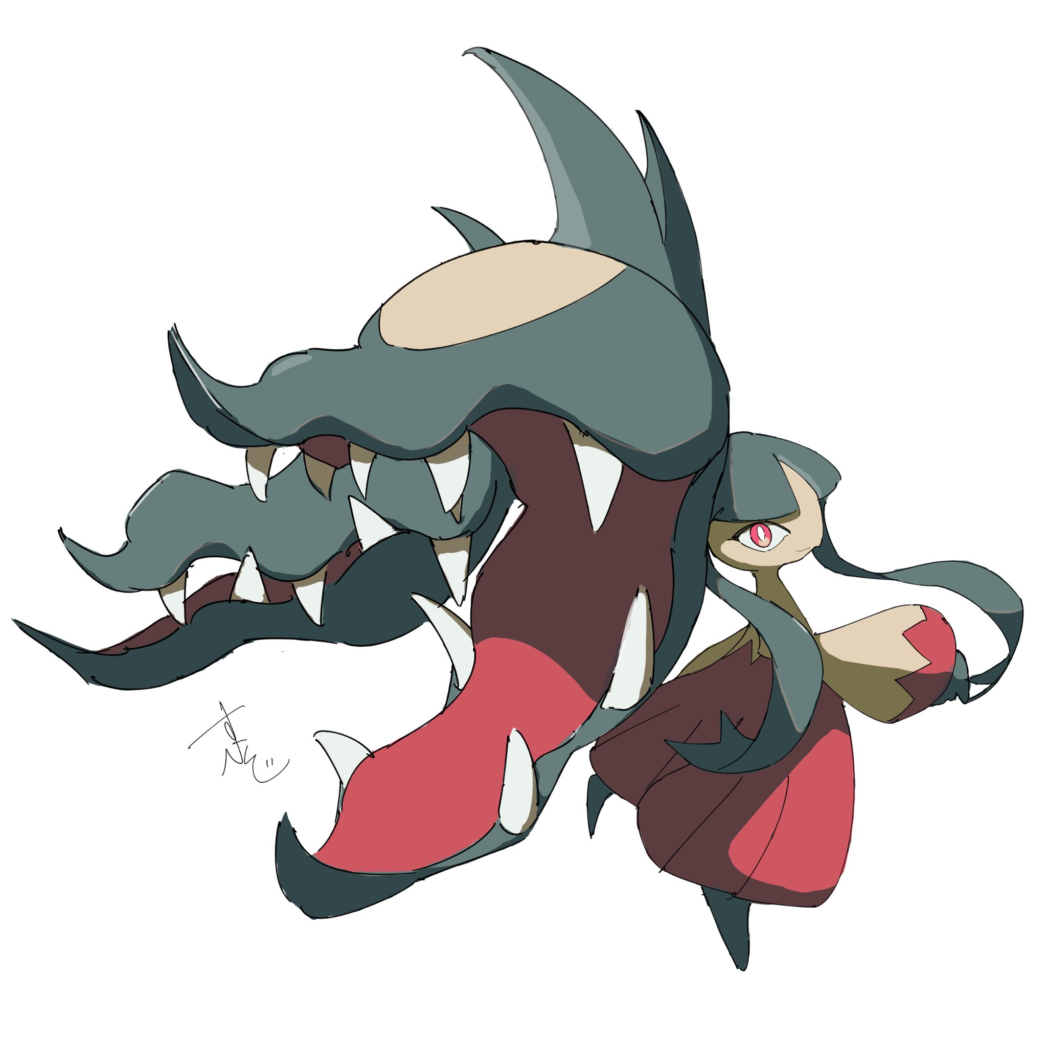 mawile, mega mawile, nintendo, pokemon, commentary request, highres, big hair, black skin, colored skin, extra mouth, gen 3 pokemon, living hair, looking at viewer, mega pokemon, multicolored skin, pokemon (creature), red eyes, sharp teeth, supiraji penpen, teeth, white background, yellow skin