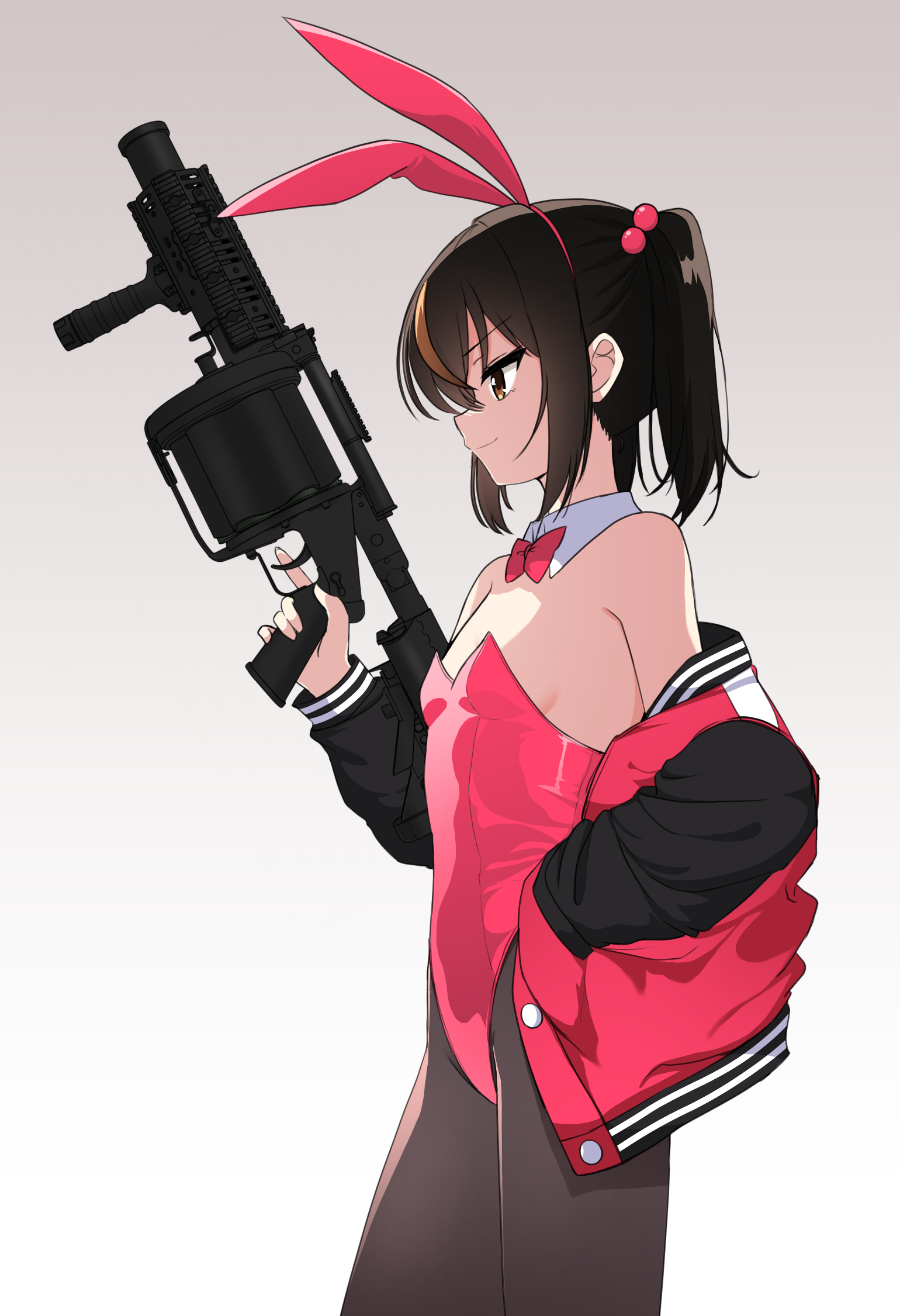 nanju bami, original, commentary request, highres, 1girl, animal ear hairband, animal ears, bamiko (nanju bami), bare shoulders, black hair, black pantyhose, black sleeves, bow, bowtie, breasts, brown eyes, brown hair, closed mouth, cowboy shot, detached collar, fake animal ears, from side, grenade launcher, hair bobbles, hair ornament, hairband, hand in pocket, holding, holding weapon, jacket, leotard, letterman jacket, long sleeves, looking ahead, milkor mgl, multicolored hair, off shoulder, open clothes, open jacket, pantyhose, playboy bunny, profile, rabbit ear hairband, rabbit ears, red bow, red bowtie, red jacket, red leotard, simple background, small breasts, smile, solo, standing, strapless, strapless leotard, streaked hair, trigger discipline, two-tone hair, vertical foregrip, weapon, white background