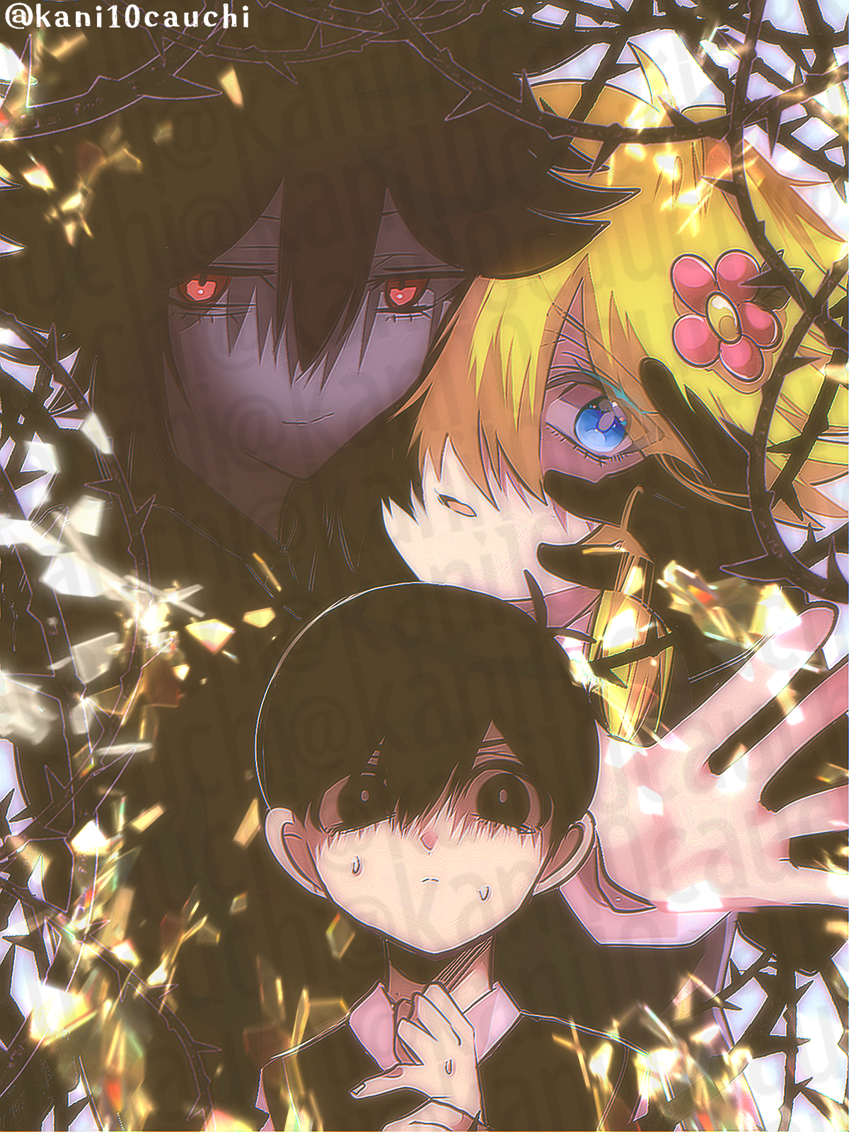 kauchi (kani10cauchi), basil (faraway) (omori), basil (omori), stranger (omori), sunny (omori), omori, commentary request, highres, 3boys, alternate eye color, antenna hair, black hair, black skin, black sweater vest, blonde hair, blue eyes, bright pupils, closed mouth, collared shirt, colored skin, double-parted bangs, dual persona, flower, hair between eyes, hair flower, hair ornament, looking at viewer, male focus, multiple boys, parted lips, plant, red eyes, shirt, short hair, sweater vest, thorns, too many watermarks, twitter username, vines, watermark, white pupils, white shirt
