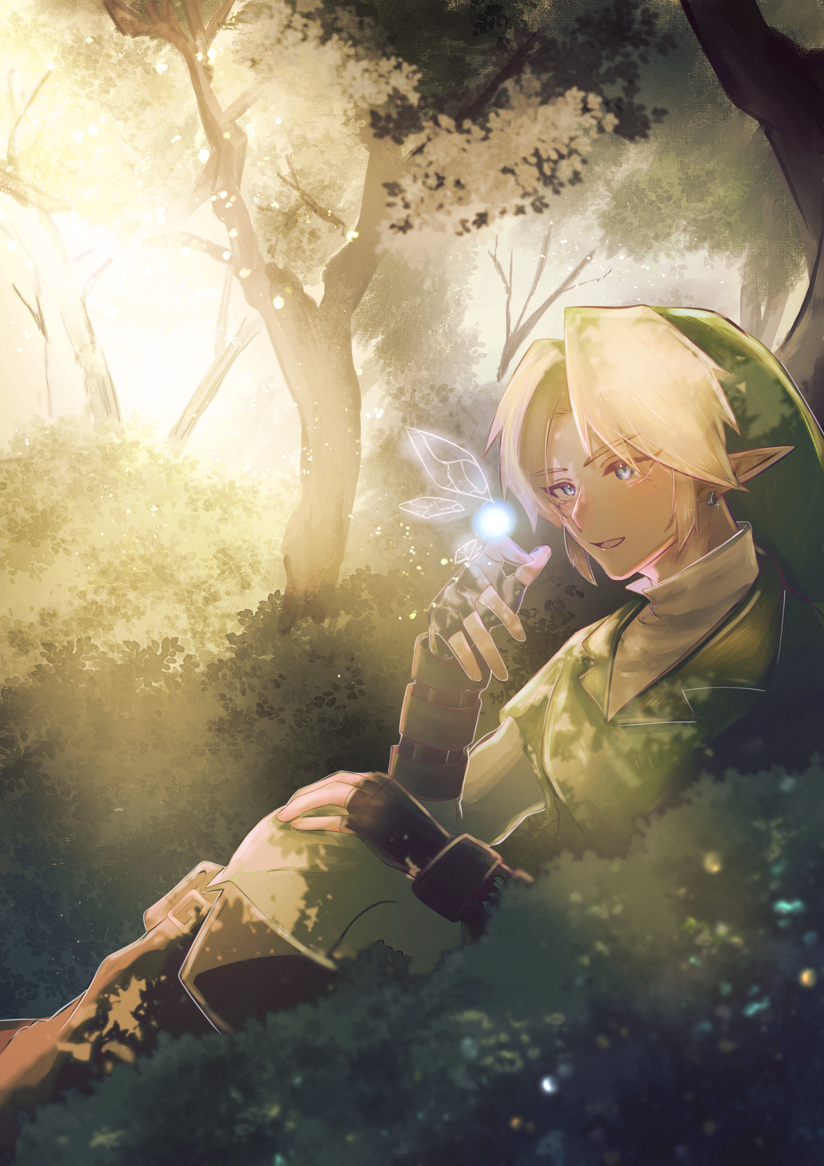 link, navi, nintendo, the legend of zelda, the legend of zelda: ocarina of time, absurdres, commentary request, highres, 1boy, black gloves, blonde hair, blue eyes, boots, brown boots, collared shirt, earrings, feet out of frame, fingerless gloves, forest, gloves, green hair, green tunic, jewelry, male focus, naltu101, nature, open mouth, outdoors, pants, parted bangs, phrygian cap, pointy ears, shirt, short hair, sitting, sunlight, tunic, white pants, white shirt