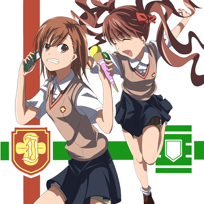 morugin, misaka mikoto, shirai kuroko, toaru kagaku no railgun, toaru majutsu no index, 2girls, armband, brown eyes, brown hair, cellphone, female focus, food, green armband, grin, ice cream, jumping, logo, long hair, multiple girls, phone, school uniform, short hair, shorts, smile, sweater vest, thigh strap, twintails