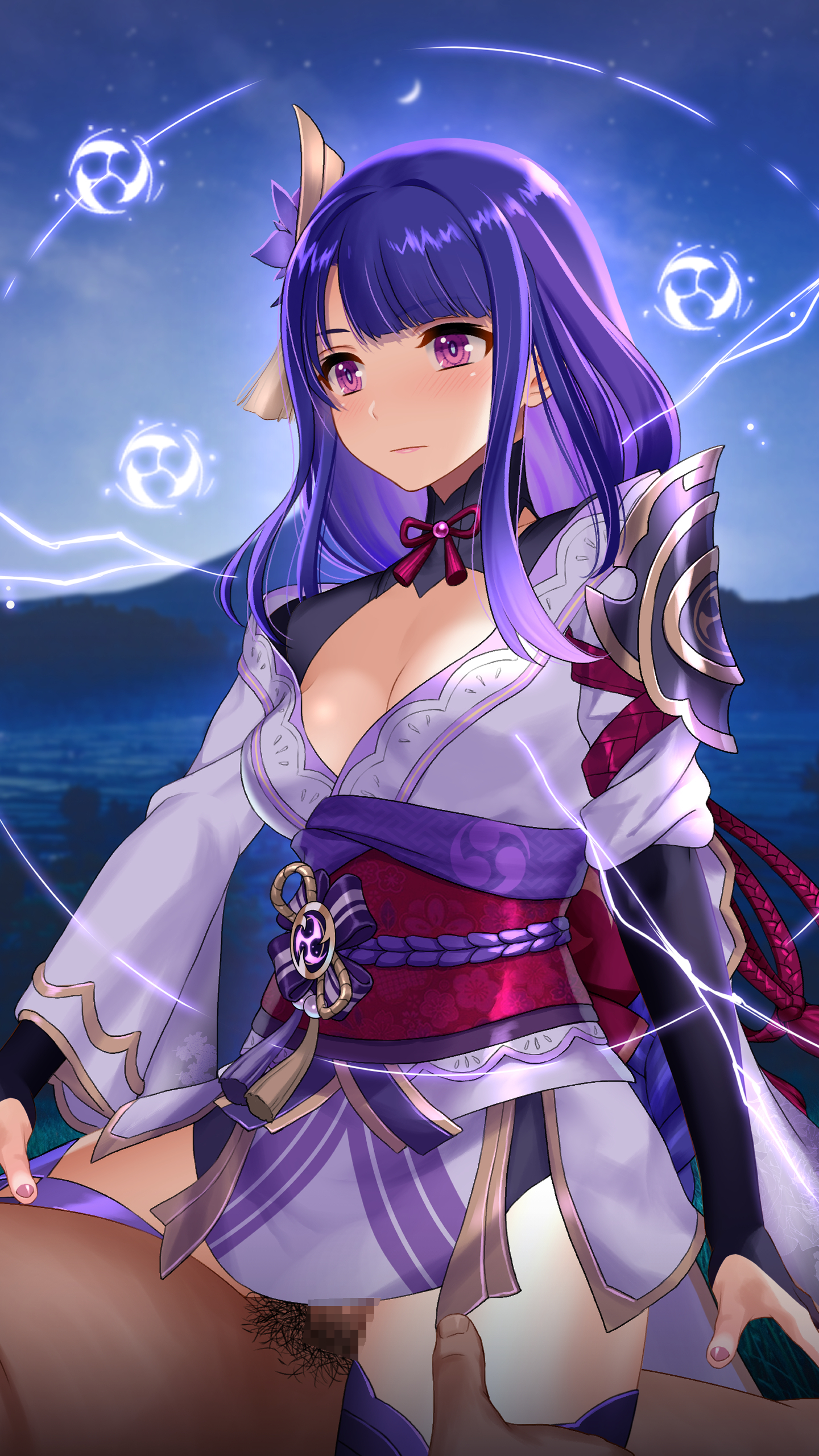 consome (consome kitchen), raiden shogun, genshin impact, absurdres, commentary, highres, 1boy, 1girl, armor, back bow, blue background, blue pupils, blunt bangs, blur censor, blurry, blurry background, blush, bow, braid, breasts, bridal gauntlets, censored, cleavage, closed mouth, clothing cutout, dark-skinned male, dark skin, electricity, electro symbol (genshin impact), from side, girl on top, hair ornament, hetero, japanese clothes, kimono, large breasts, lingerie, long braid, long hair, looking down, male pubic hair, mitsudomoe (shape), mole, mole under eye, multicolored eyes, nose blush, off shoulder, outdoors, pink lips, pov, pubic hair, purple eyes, purple hair, purple kimono, purple nails, purple thighhighs, red sash, sash, sex, shoulder armor, shoulder cutout, single braid, sitting, sitting on person, solo focus, thighhighs, tomoe (symbol), underwear, vaginal