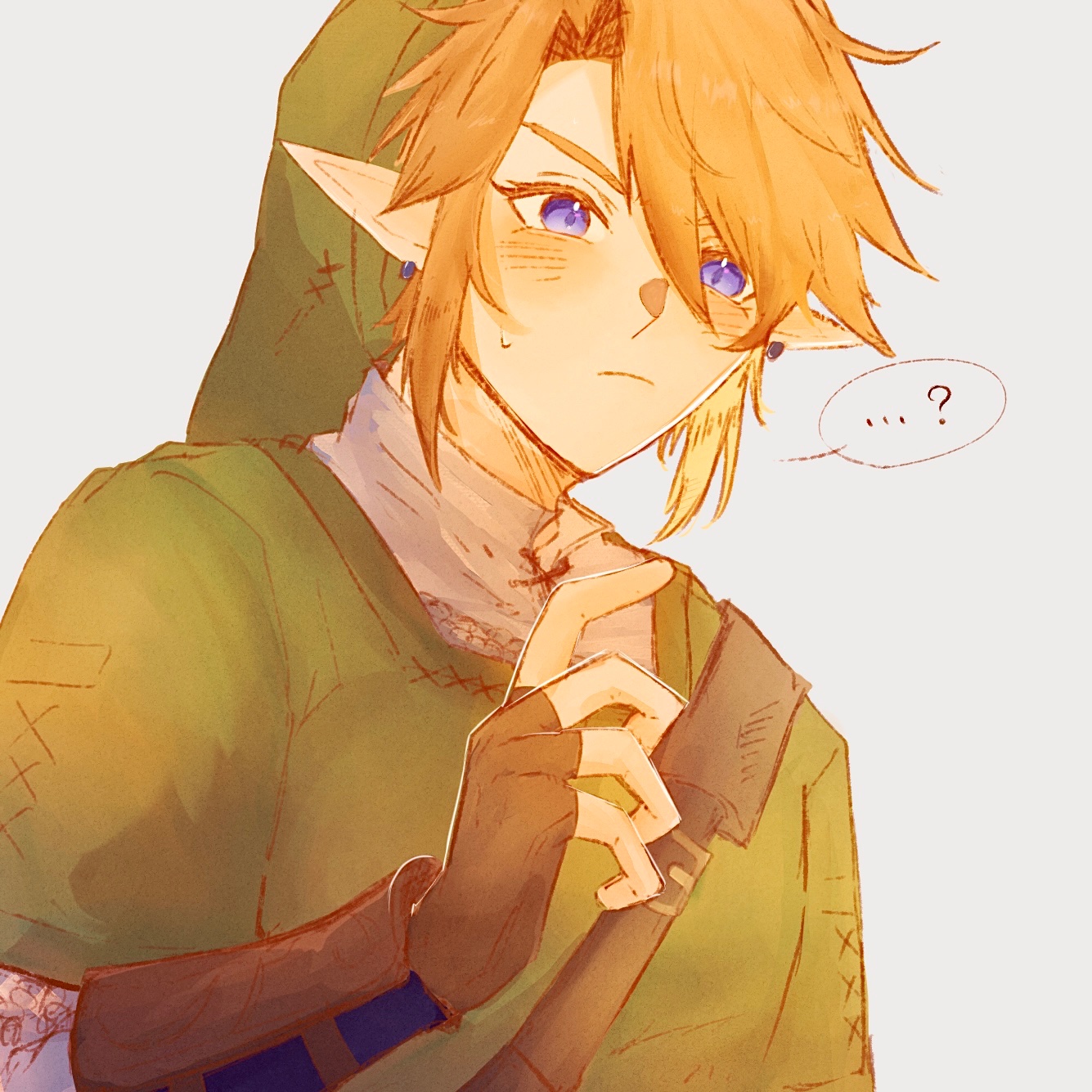 link, nintendo, the legend of zelda, the legend of zelda: twilight princess, commentary, highres, symbol-only commentary, …, 1boy, ?, armor, blonde hair, blush, brown gloves, chainmail, closed mouth, collared shirt, earrings, fingerless gloves, gloves, green hat, green tunic, hair between eyes, hat, jewelry, light frown, male focus, naltu101, parted bangs, phrygian cap, pointy ears, shirt, short hair, solo, spoken ellipsis, spoken question mark, sweatdrop, tunic, upper body, vambraces, white background, white shirt