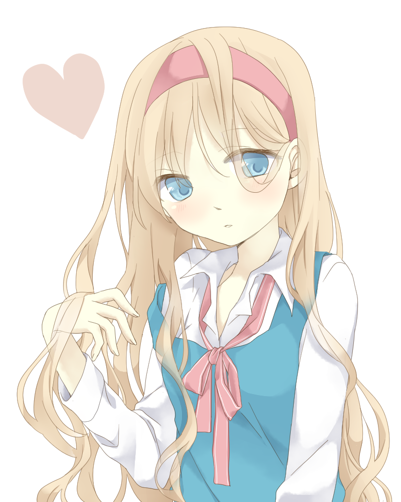 tsuno no hito, alice margatroid, touhou, commentary request, 1girl, blonde hair, blue dress, blue eyes, blush, bow, bowtie, collared shirt, dress, hairband, heart, long hair, long sleeves, loose bowtie, open mouth, pinafore dress, pink bow, pink bowtie, pink hairband, shirt, simple background, sleeveless, sleeveless dress, solo, upper body, very long hair, white background, white shirt