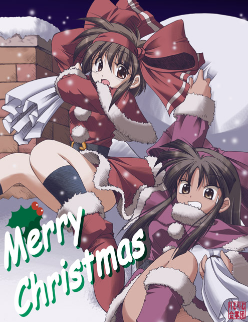 f20 (funimaru), murasaki nakoruru, nakoruru, rimururu, samurai spirits, commentary, 2girls, arm up, artist name, belt, belt buckle, black belt, black hair, black socks, boots, bow, bow hairband, brown eyes, brown hair, buckle, capelet, chimney, christmas, clumsy, dark-skinned female, dark skin, dress, falling, fur-trimmed boots, fur-trimmed capelet, fur-trimmed dress, fur trim, hairband, holding, holding sack, holly, knee boots, kneehighs, long hair, long sidelocks, looking at another, looking down, merry christmas, multiple girls, night, on roof, purple boots, purple bow, purple capelet, purple dress, purple hairband, red boots, red bow, red capelet, red dress, red hairband, sack, santa costume, sidelocks, sliding, snow, snowing, socks